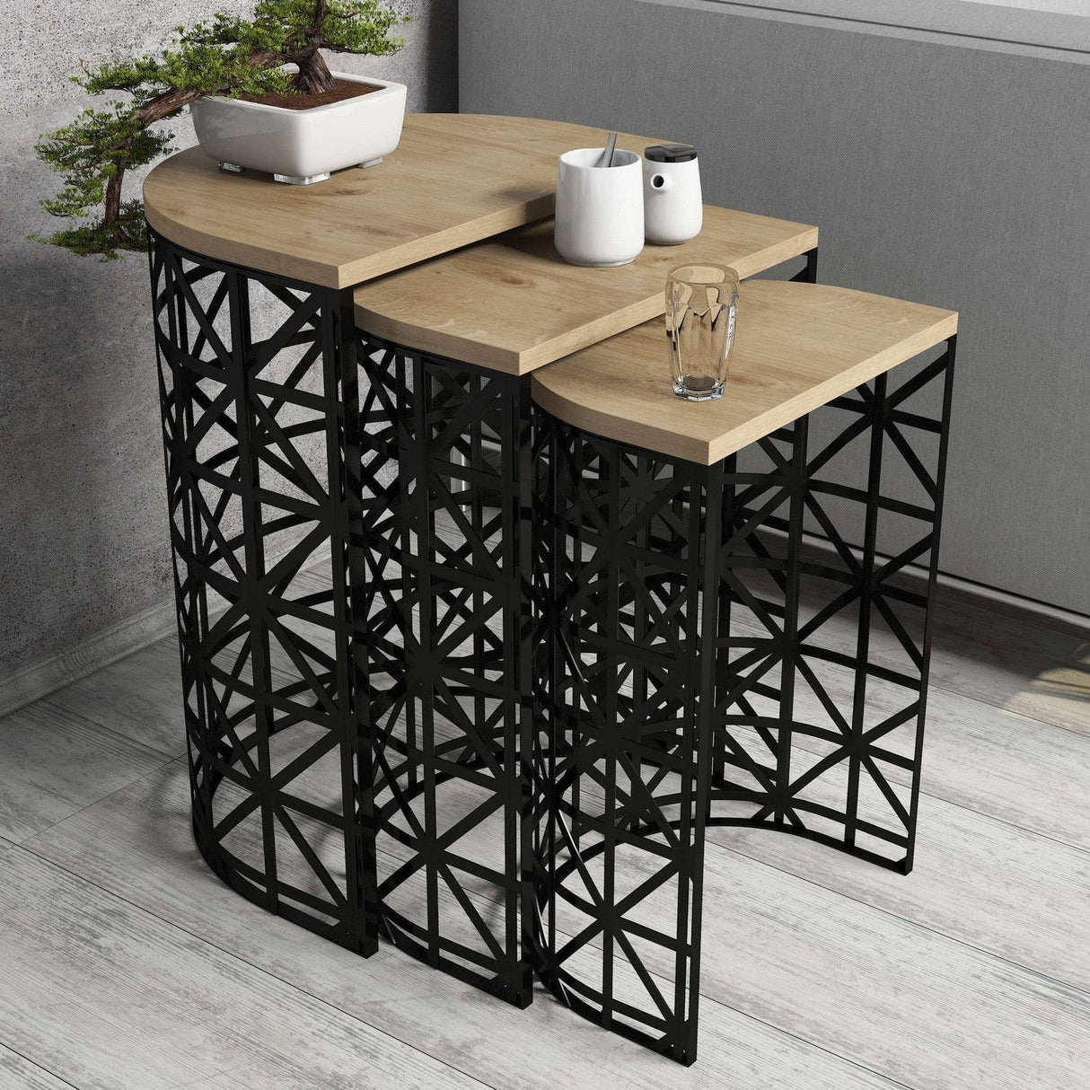 Măsuță de cafea Stil Metal Ferforje, Diverse culori, Diverse configurații, Diverse dimensiuni - Stejar - Negru - 46x33x62 cm - 3 bucăți | SKU: 845HCT5233 | Măsuță de cafea Stil Metal Ferforje, varianta Stejar - Negru - 46x33x62 cm - 3 bucăți, produs pentru amenajarea locuinței, disponibil online în România la CasaMob
