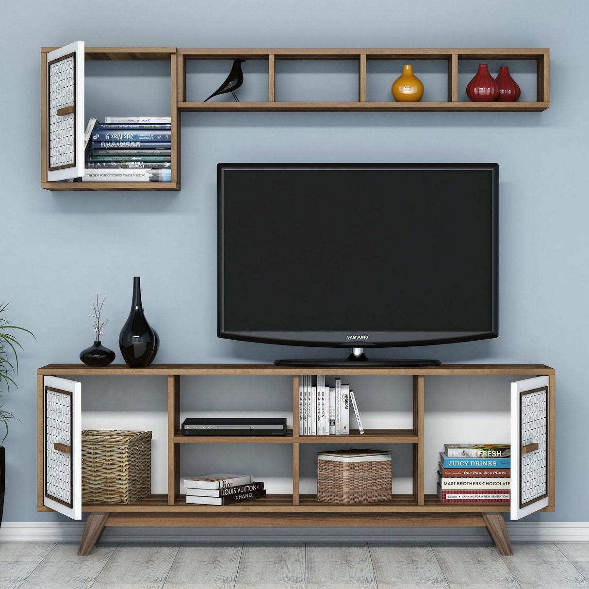 Set mobilă pentru sufragerie Ayla, Diverse culori, 160x35x56 cm - Nuc - Alb | SKU: 845HCT5236 | Set mobilă pentru sufragerie Ayla, 160x35x56 cm, varianta Nuc - Alb, produs pentru amenajarea locuinței, disponibil online în România la CasaMob