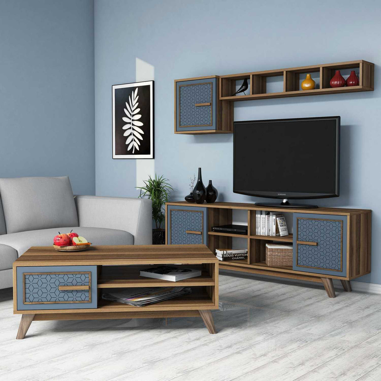 Set mobilă pentru sufragerie Ayla, Diverse culori, 160x35x56 cm - Nuc - Albastru | SKU: 845HCT5238 | Set mobilă pentru sufragerie Ayla, 160x35x56 cm, varianta Nuc - Albastru, produs pentru amenajarea locuinței, disponibil online în România la CasaMob