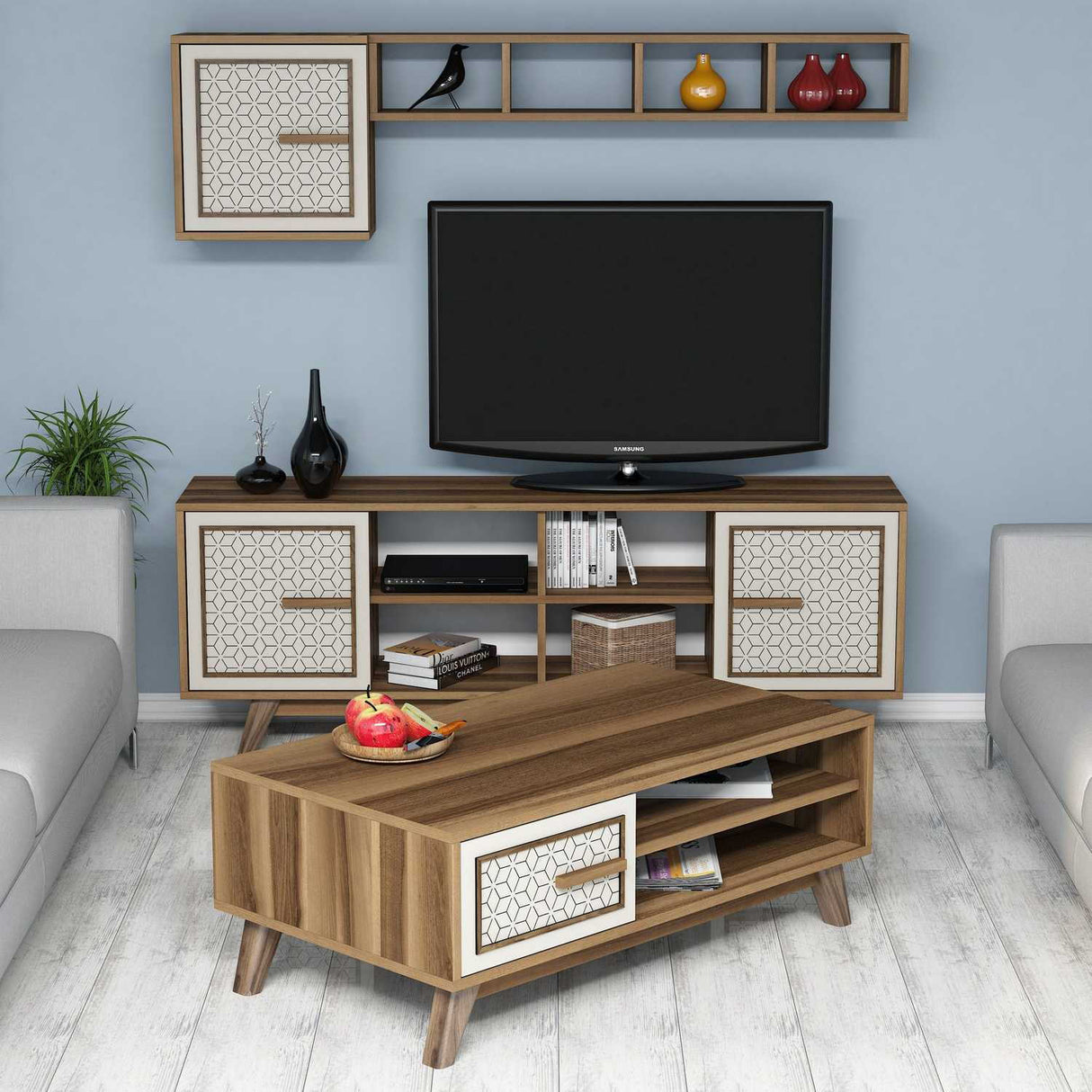 Set mobilă pentru sufragerie Ayla, Diverse culori, 160x35x56 cm - Nuc - Crem | SKU: 845HCT5239 | Set mobilă pentru sufragerie Ayla, 160x35x56 cm, varianta Nuc - Crem, produs pentru amenajarea locuinței, disponibil online în România la CasaMob