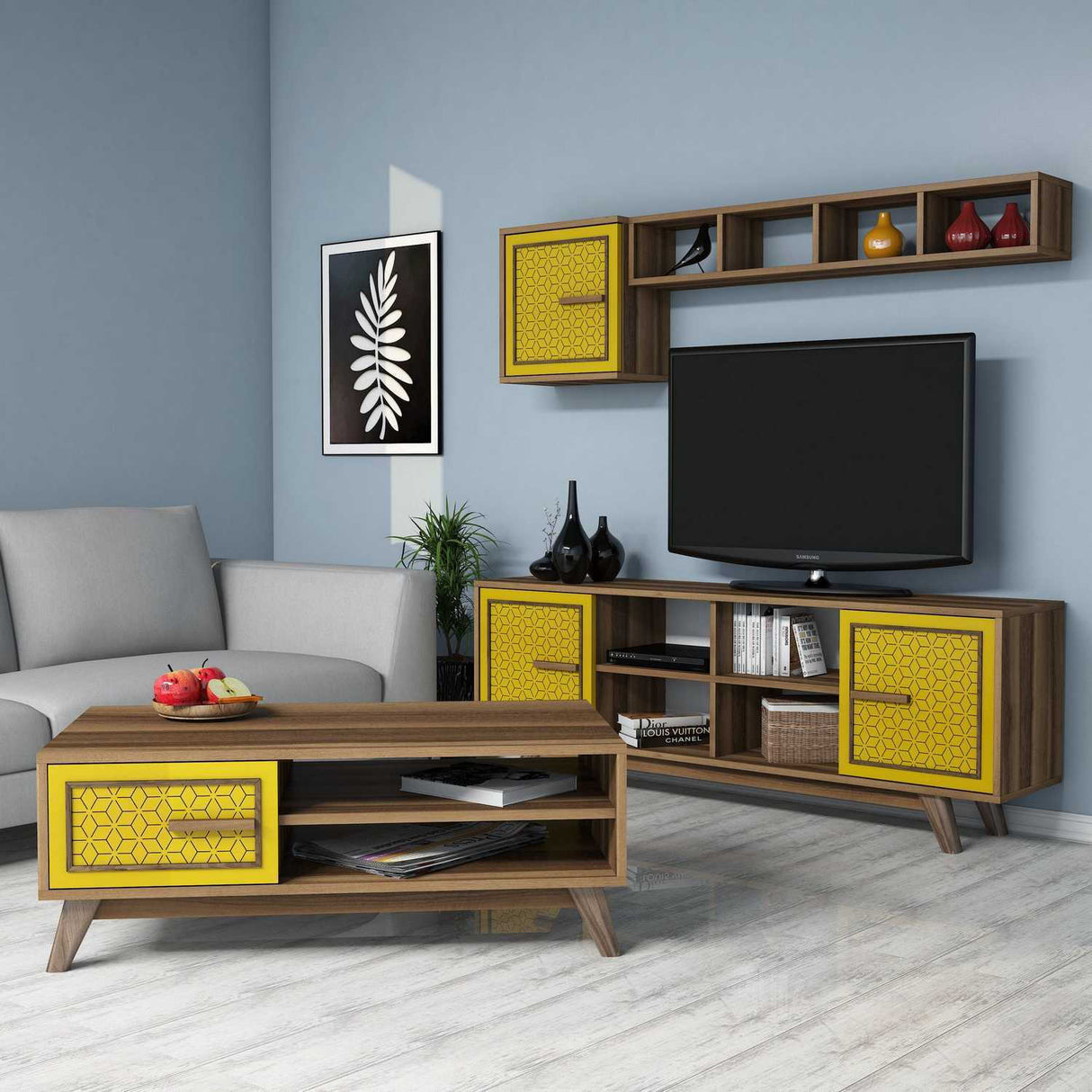 Set mobilă pentru sufragerie Ayla, Diverse culori, 160x35x56 cm - Nuc - Galben | SKU: 845HCT5240 | Set mobilă pentru sufragerie Ayla, 160x35x56 cm, varianta Nuc - Galben, produs pentru amenajarea locuinței, disponibil online în România la CasaMob