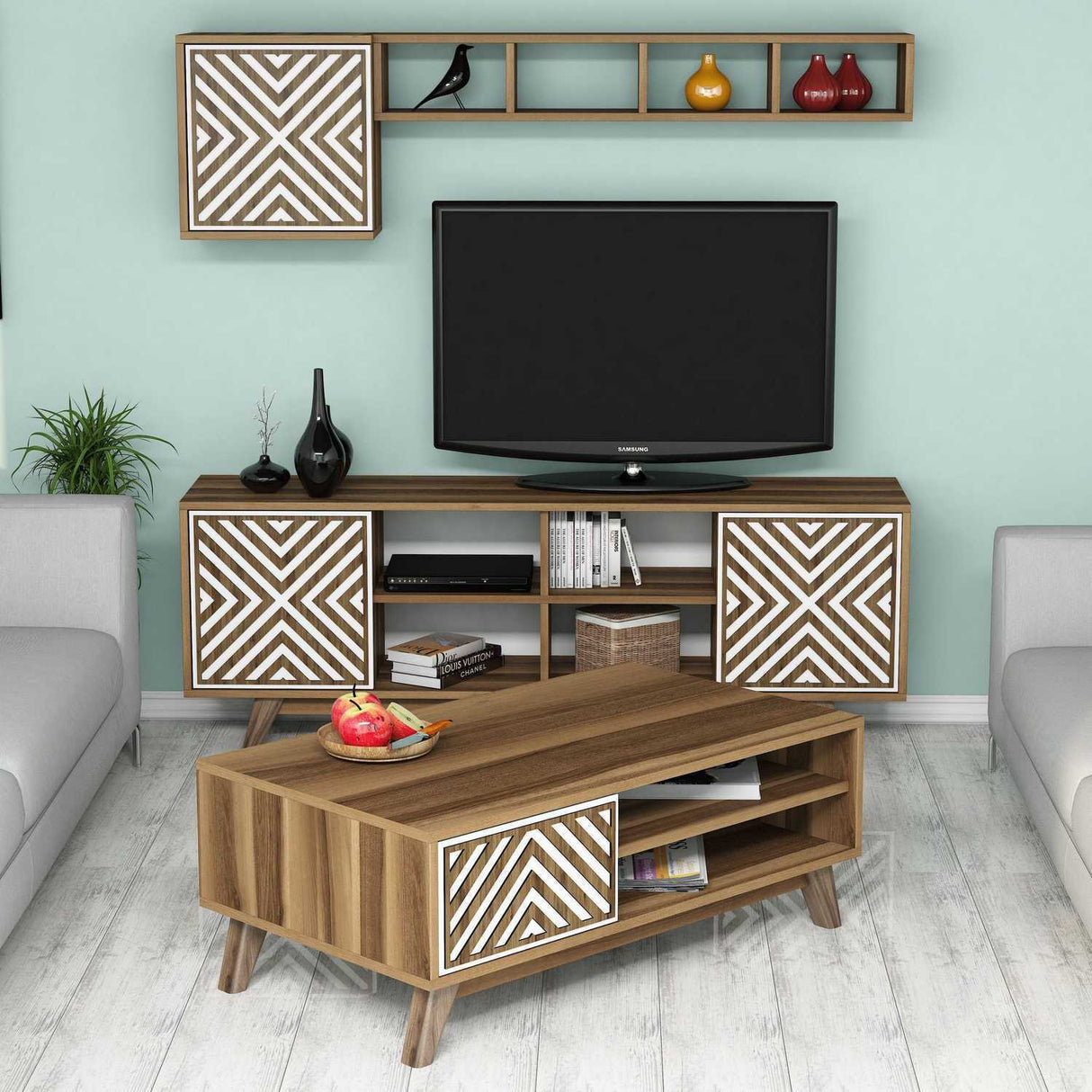 Set mobilă pentru sufragerie Inci, Diverse culori, 160x35x56 cm - Nuc - Alb | SKU: 845HCT5241 | Set mobilă pentru sufragerie Inci, 160x35x56 cm, varianta Nuc - Alb, produs pentru amenajarea locuinței, disponibil online în România la CasaMob