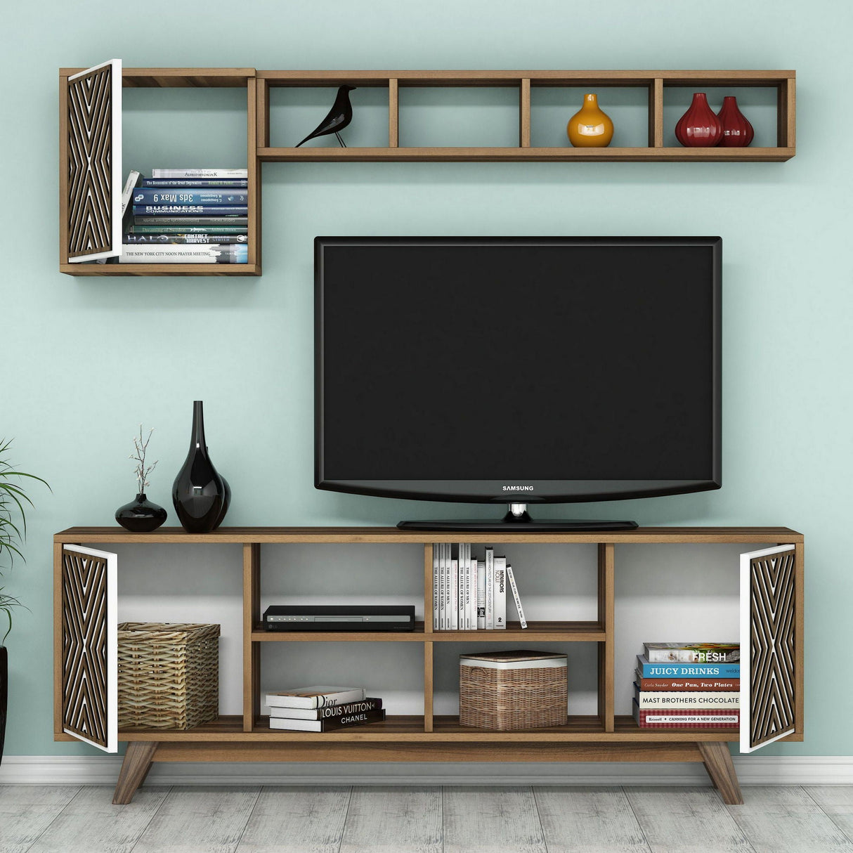 Set mobilă pentru sufragerie Inci, Diverse culori, 160x35x56 cm - Nuc - Alb | SKU: 845HCT5241 | Set mobilă pentru sufragerie Inci, 160x35x56 cm, varianta Nuc - Alb, produs pentru amenajarea locuinței, disponibil online în România la CasaMob