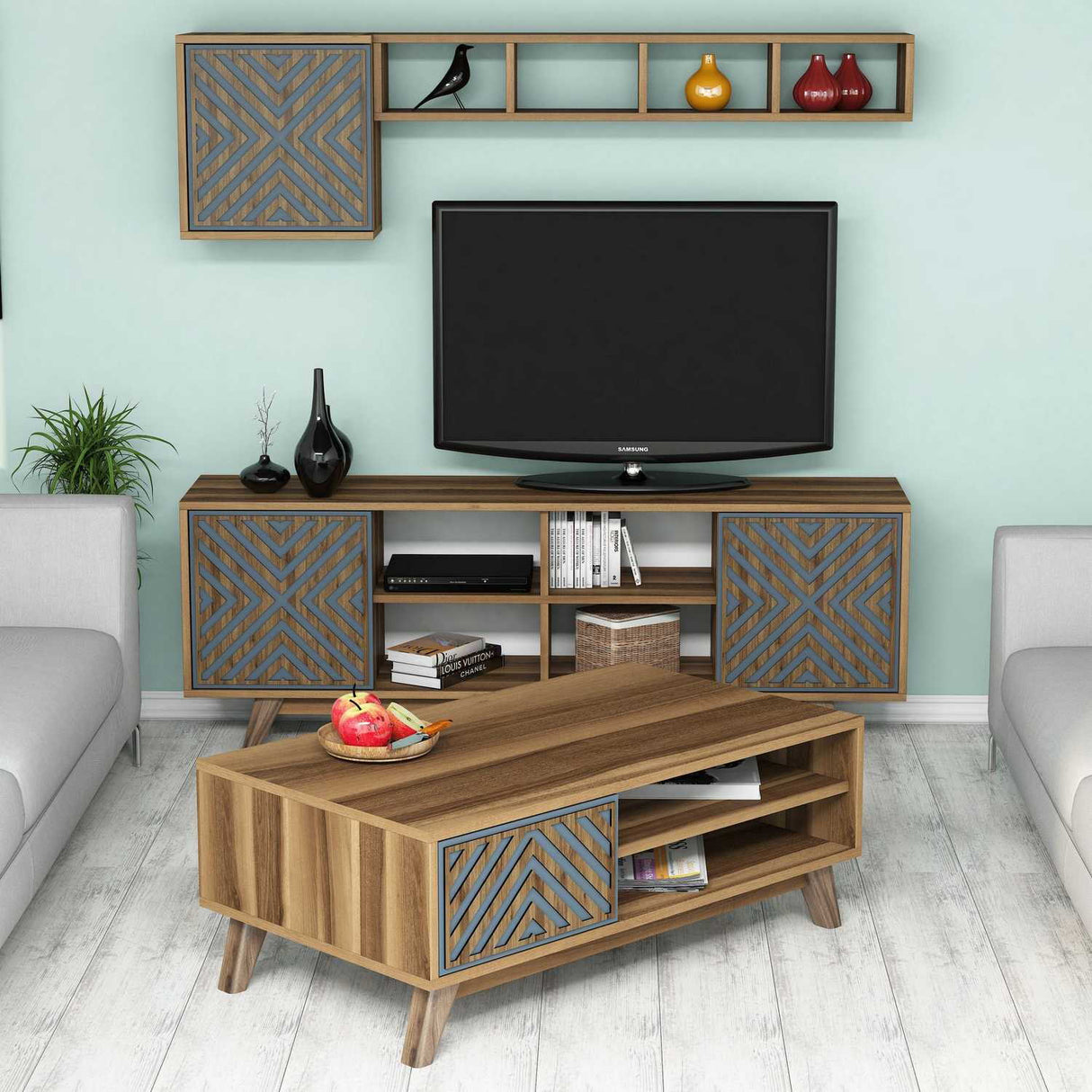 Set mobilă pentru sufragerie Inci, Diverse culori, 160x35x56 cm - Nuc - Albastru | SKU: 845HCT5243 | Set mobilă pentru sufragerie Inci, 160x35x56 cm, varianta Nuc - Albastru, produs pentru amenajarea locuinței, disponibil online în România la CasaMob
