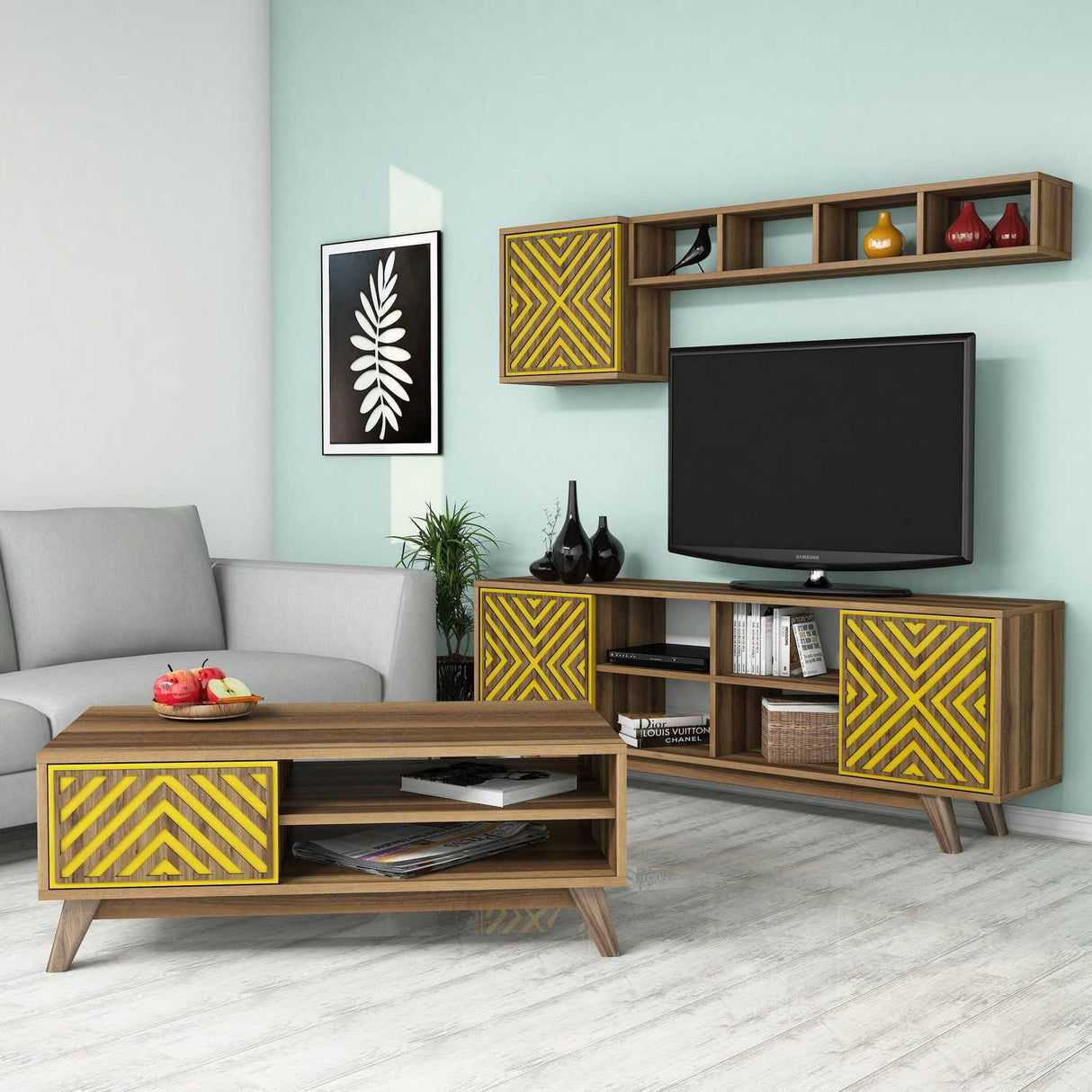 Set mobilă pentru sufragerie Inci, Diverse culori, 160x35x56 cm - Nuc - Galben | SKU: 845HCT5245 | Set mobilă pentru sufragerie Inci, 160x35x56 cm, varianta Nuc - Galben, produs pentru amenajarea locuinței, disponibil online în România la CasaMob