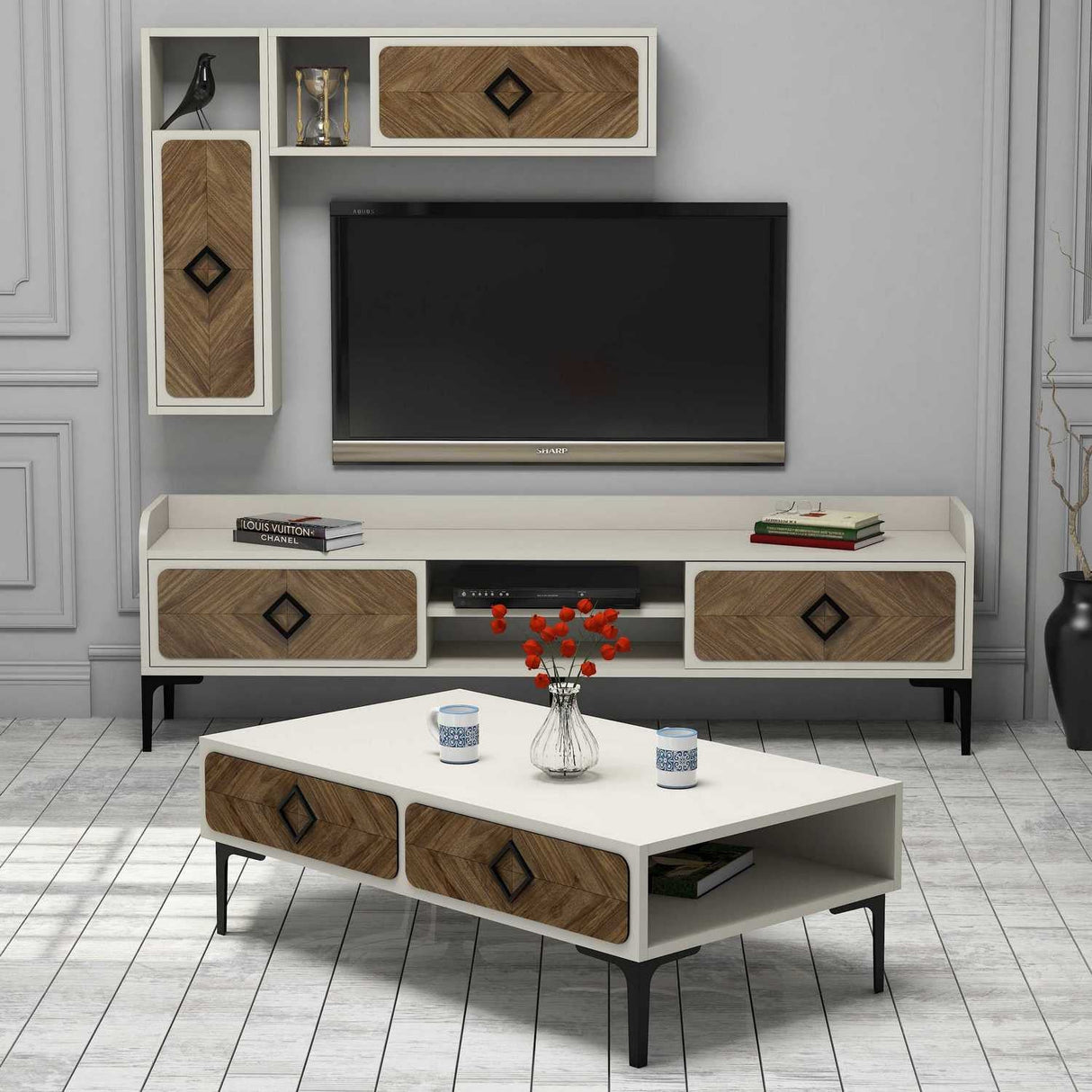 Set mobilă pentru sufragerie Samba, Diverse culori, 180x35x52 cm - Nuc - Crem | SKU: 845HCT5248 | Set mobilă pentru sufragerie Samba, 180x35x52 cm, varianta Nuc - Crem, produs pentru amenajarea locuinței, disponibil online în România la CasaMob