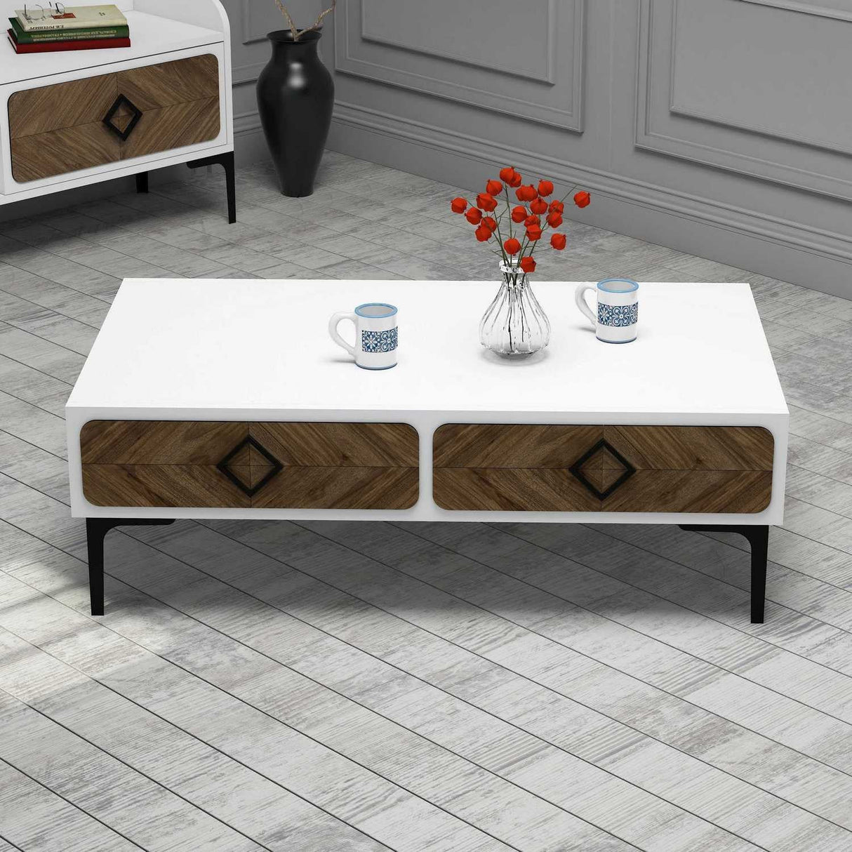 Set mobilă pentru sufragerie Samba, Diverse culori, 180x35x52 cm - Alb - Nuc | SKU: 845HCT5249 | Set mobilă pentru sufragerie Samba, 180x35x52 cm, varianta Alb - Nuc, produs pentru amenajarea locuinței, disponibil online în România la CasaMob