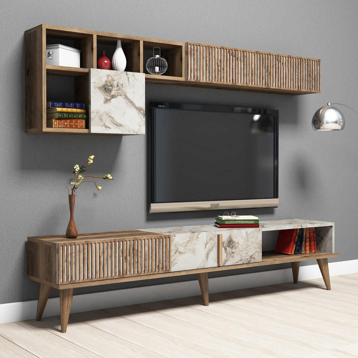Set mobilă pentru sufragerie Milan - Walnut, White Marble, Nuc - Alb, 180x35x40 cm