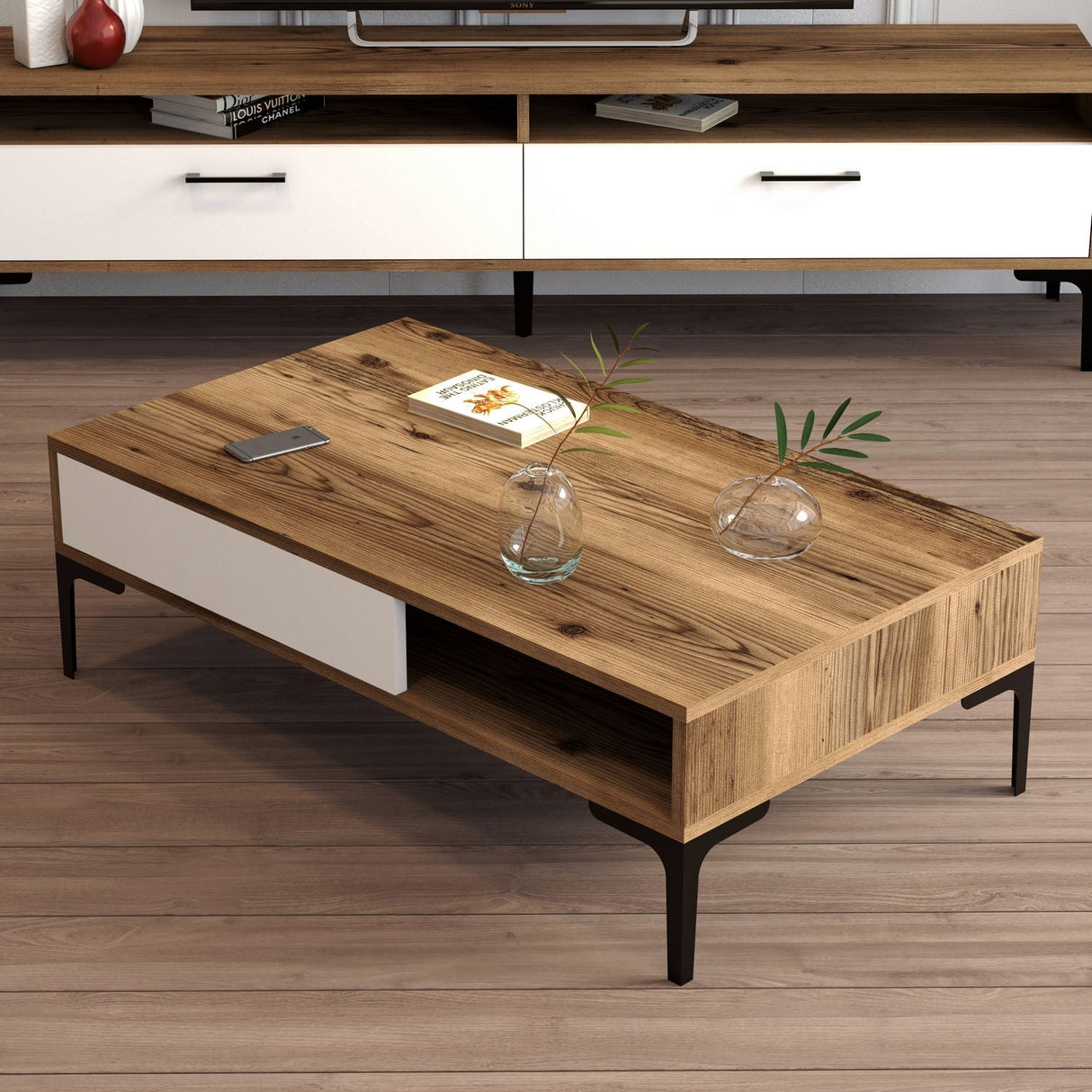 Măsuță de cafea Istanbul, Diverse culori, 105x60x33 cm - Nuc - Alb | SKU: 845HCT5266 | Măsuță de cafea Istanbul, 105x60x33 cm, varianta Nuc - Alb, produs pentru amenajarea locuinței, disponibil online în România la CasaMob