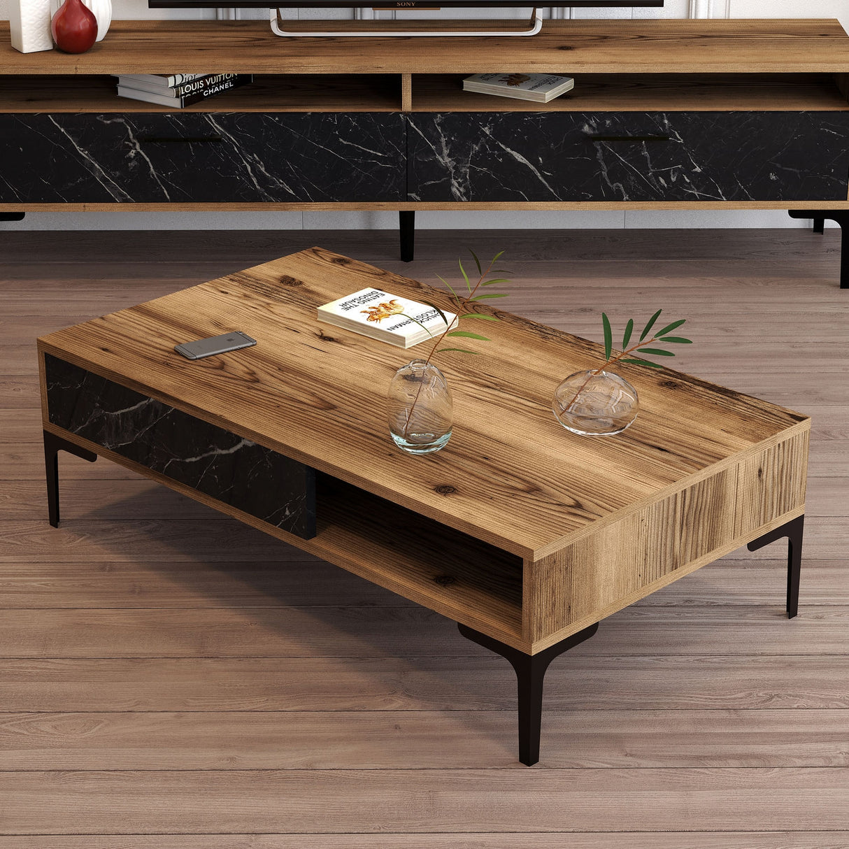 Măsuță de cafea Istanbul - Walnut, Black Marble, Nuc - Negru, 105x60x33 cm