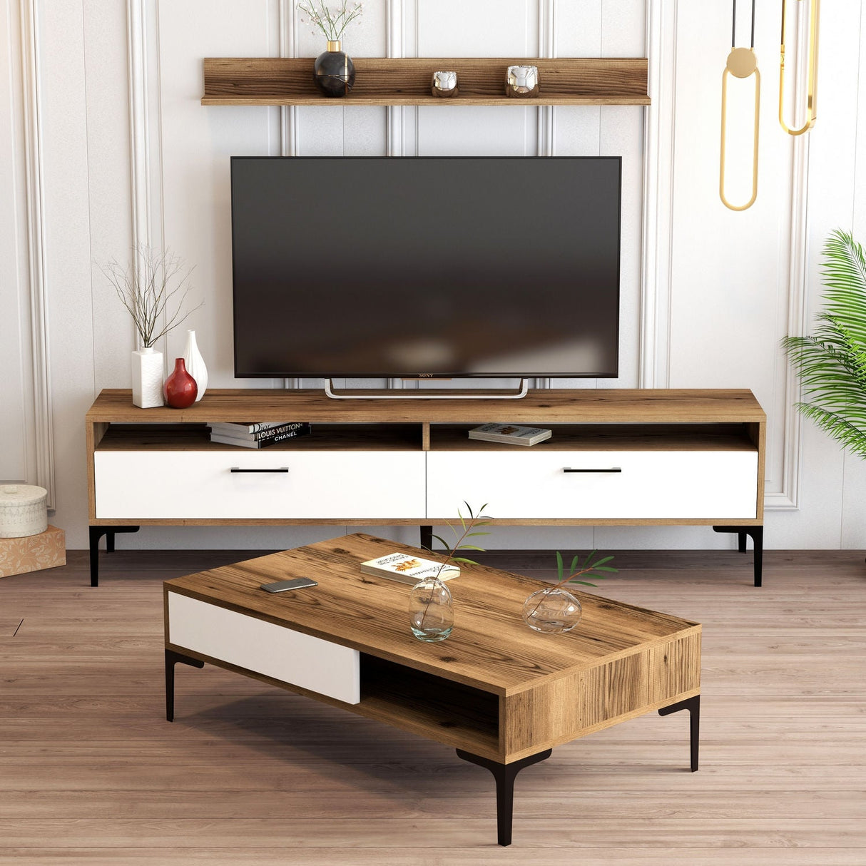 Set mobilă pentru sufragerie Istanbul, Diverse culori, 180x35x47 cm - Nuc - Alb | SKU: 845HCT5273 | Set mobilă pentru sufragerie Istanbul, 180x35x47 cm, varianta Nuc - Alb, produs pentru amenajarea locuinței, disponibil online în România la CasaMob