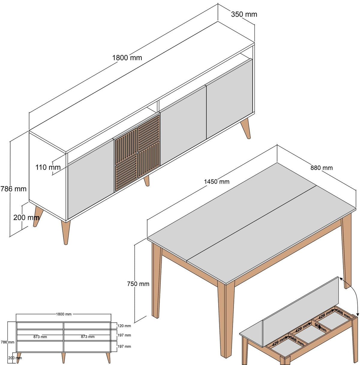 Set mobilă pentru sufragerie Milan 523, Nuc - Alb, 180x35x79 cm