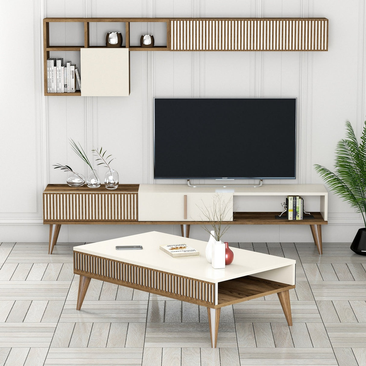 Set mobilă pentru sufragerie Milan Set 482, Nuc - Crem, 180x35x40 cm