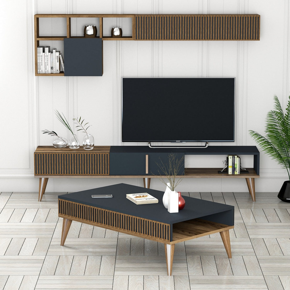 Set mobilă pentru sufragerie Milan Set 483, Nuc - Antracit, 180x35x40 cm