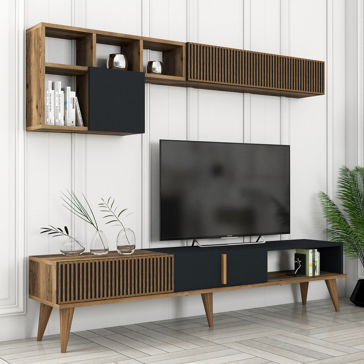 Set mobilă pentru sufragerie Milan Set 483, Nuc - Antracit, 180x35x40 cm
