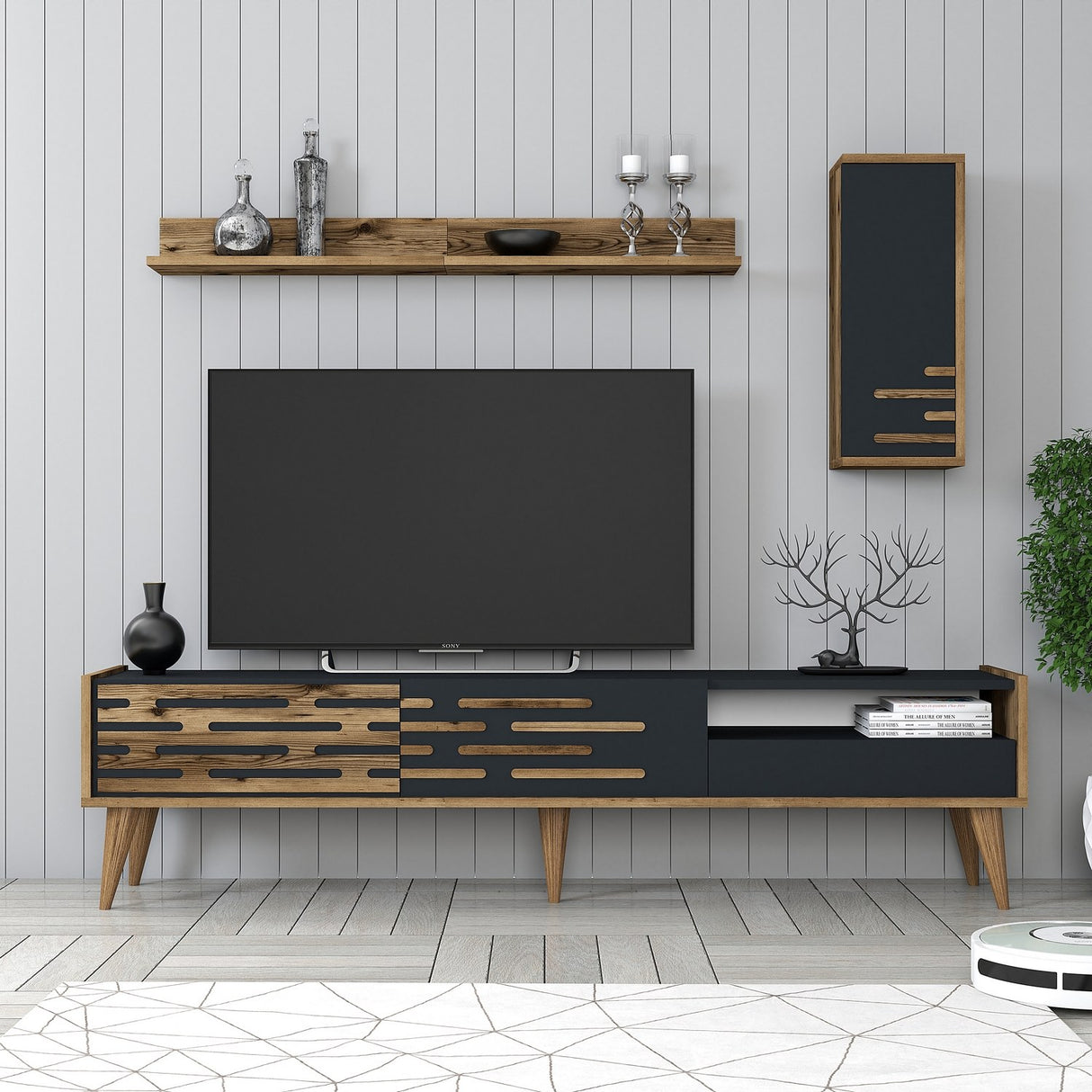 Comodă TV Valensiya, Nuc - Antracit, 180x45x35 cm