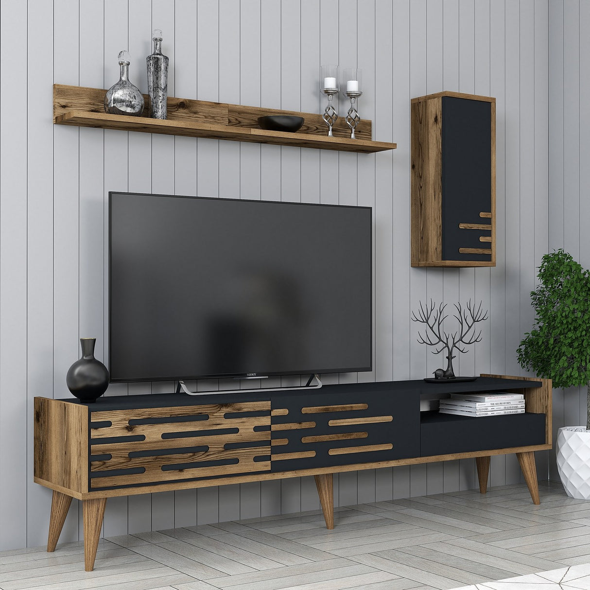 Comodă TV Valensiya, Nuc - Antracit, 180x45x35 cm