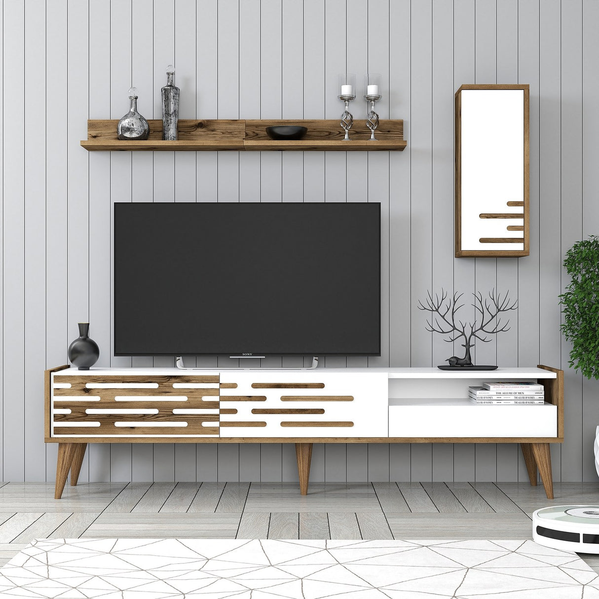 Comodă TV Valensiya, Nuc - Alb, 180x45x35 cm