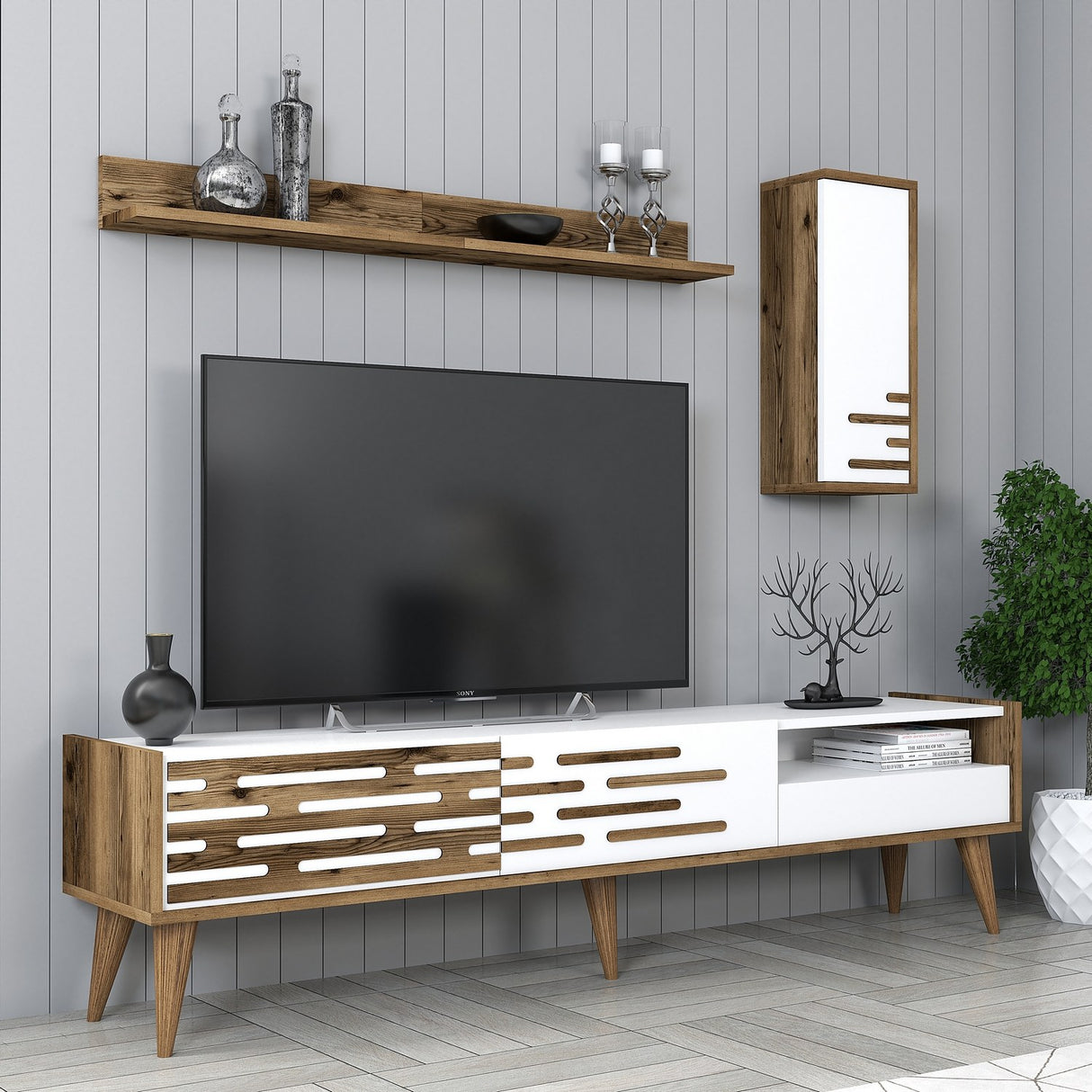 Comodă TV Valensiya, Nuc - Alb, 180x45x35 cm