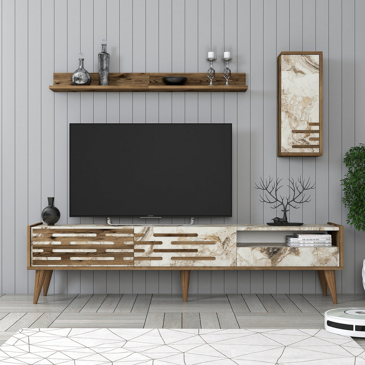 Comodă TV Valensiya, Nuc - Alb - Marble, 180x45x35 cm