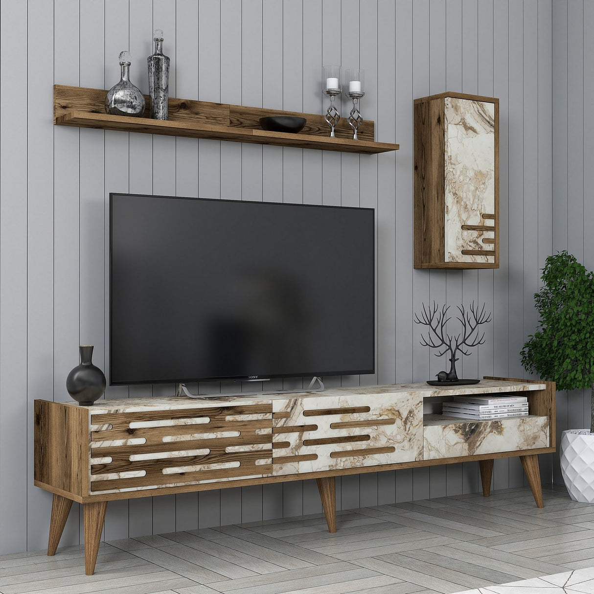 Comodă TV Valensiya, Nuc - Alb - Marble, 180x45x35 cm