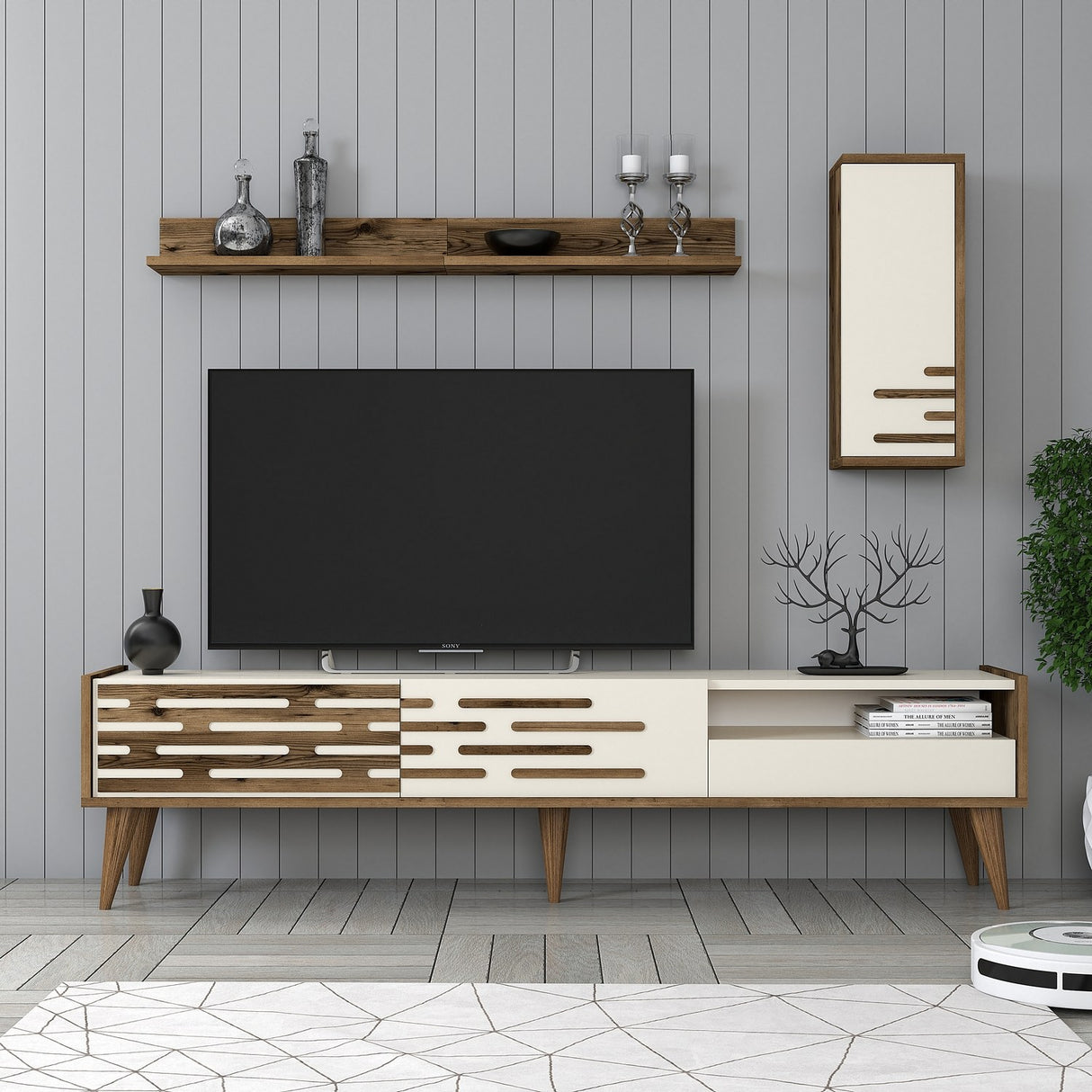 Comodă TV Valensiya, Nuc - Crem, 180x45x35 cm