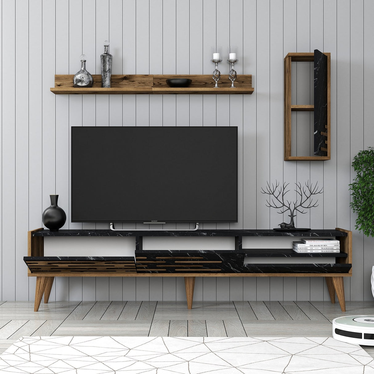 Comodă TV Valensiya, Nuc - Negru - Marble, 180x45x35 cm