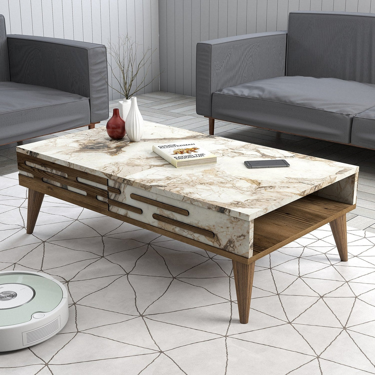 Măsuță de cafea Valensiya, Diverse culori, 105x60x35 cm - Nuc - Alb - Marble | SKU: 845HCT5358 | Măsuță de cafea Valensiya, 105x60x35 cm, varianta Nuc - Alb - Marble, produs pentru amenajarea locuinței, disponibil online în România la CasaMob