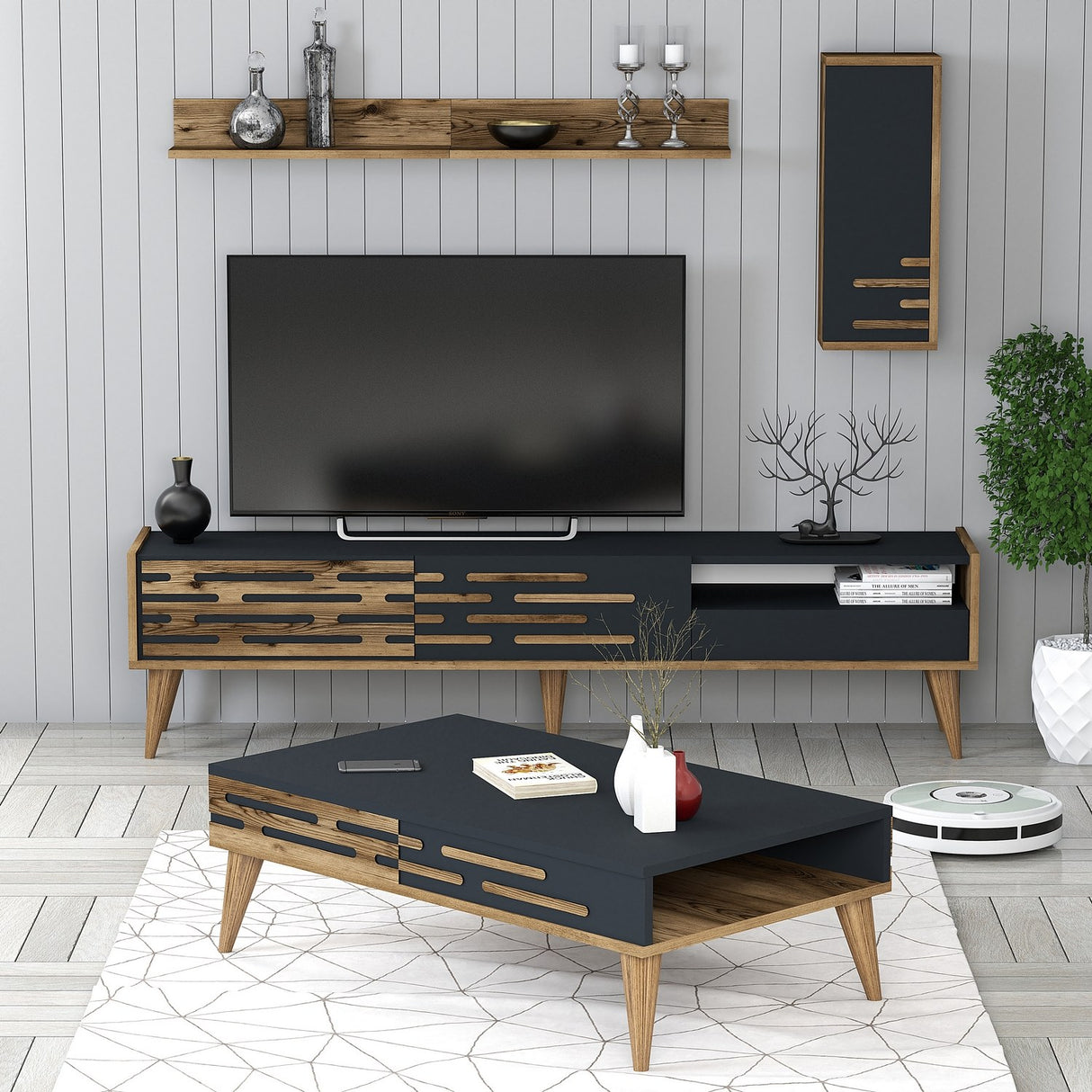 Set mobilă pentru sufragerie Valensiya, Diverse culori, 180x45x35 cm - Nuc - Antracit | SKU: 845HCT5363 | Set mobilă pentru sufragerie Valensiya, 180x45x35 cm, varianta Nuc - Antracit, produs pentru amenajarea locuinței, disponibil online în România la CasaMob