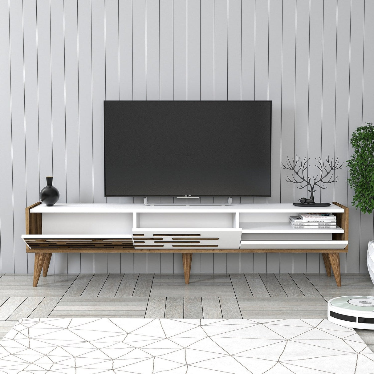 Set mobilă pentru sufragerie Valensiya, Diverse culori, 180x45x35 cm - Nuc - Alb | SKU: 845HCT5364 | Set mobilă pentru sufragerie Valensiya, 180x45x35 cm, varianta Nuc - Alb, produs pentru amenajarea locuinței, disponibil online în România la CasaMob