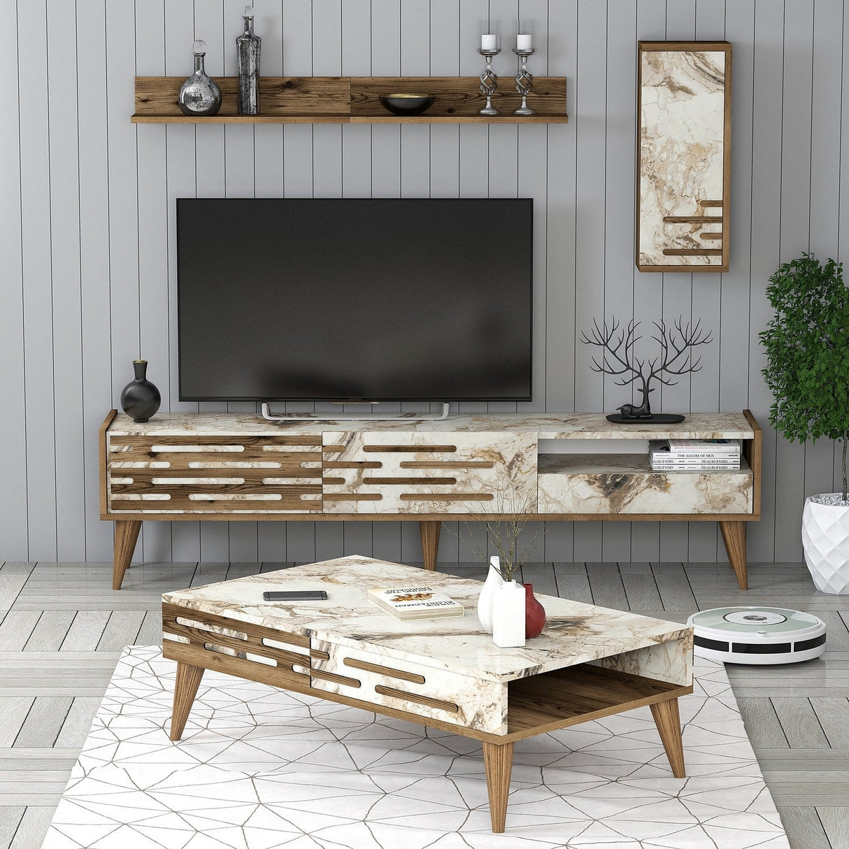 Set mobilă pentru sufragerie Valensiya, Diverse culori, 180x45x35 cm - Nuc - Alb - Marble | SKU: 845HCT5365 | Set mobilă pentru sufragerie Valensiya, 180x45x35 cm, varianta Nuc - Alb - Marble, produs pentru amenajarea locuinței, disponibil online în România la CasaMob