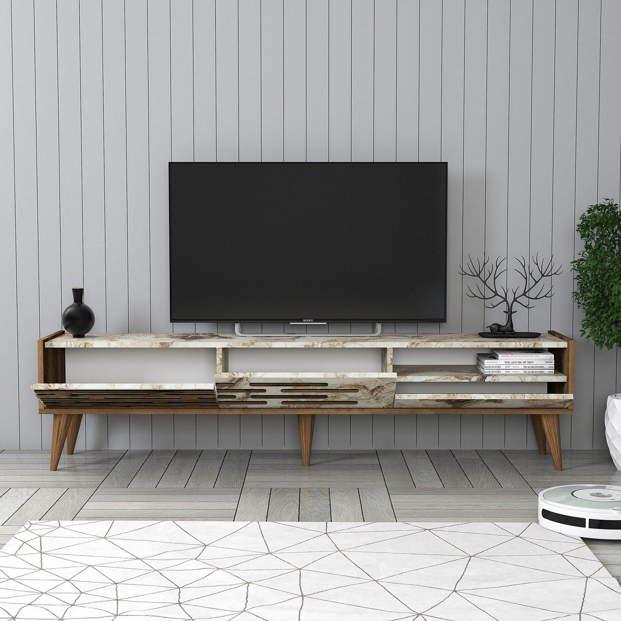 Set mobilă pentru sufragerie Valensiya, Diverse culori, 180x45x35 cm - Nuc - Alb - Marble | SKU: 845HCT5365 | Set mobilă pentru sufragerie Valensiya, 180x45x35 cm, varianta Nuc - Alb - Marble, produs pentru amenajarea locuinței, disponibil online în România la CasaMob