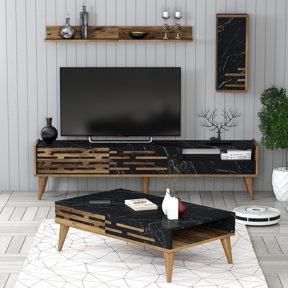 Set mobilă pentru sufragerie Valensiya, Diverse culori, 180x45x35 cm - Nuc - Negru - Marble | SKU: 845HCT5368 | Set mobilă pentru sufragerie Valensiya, 180x45x35 cm, varianta Nuc - Negru - Marble, produs pentru amenajarea locuinței, disponibil online în România la CasaMob