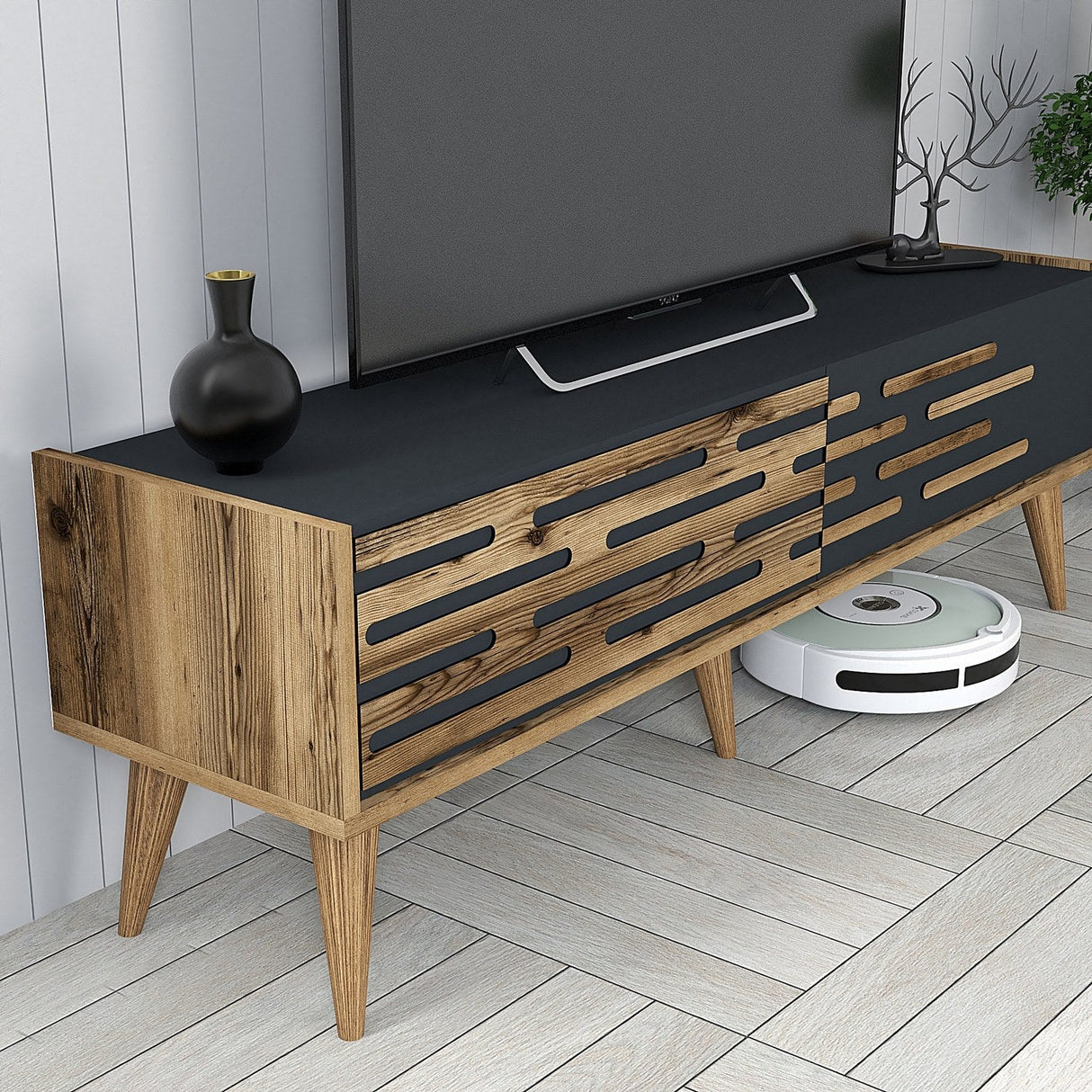Comodă TV Valensiya 140, Diverse culori, 140x45x35 cm - Nuc - Antracit | SKU: 845HCT5384 | Comodă TV Valensiya 140, 140x45x35 cm, varianta Nuc - Antracit, produs pentru amenajarea locuinței, disponibil online în România la CasaMob