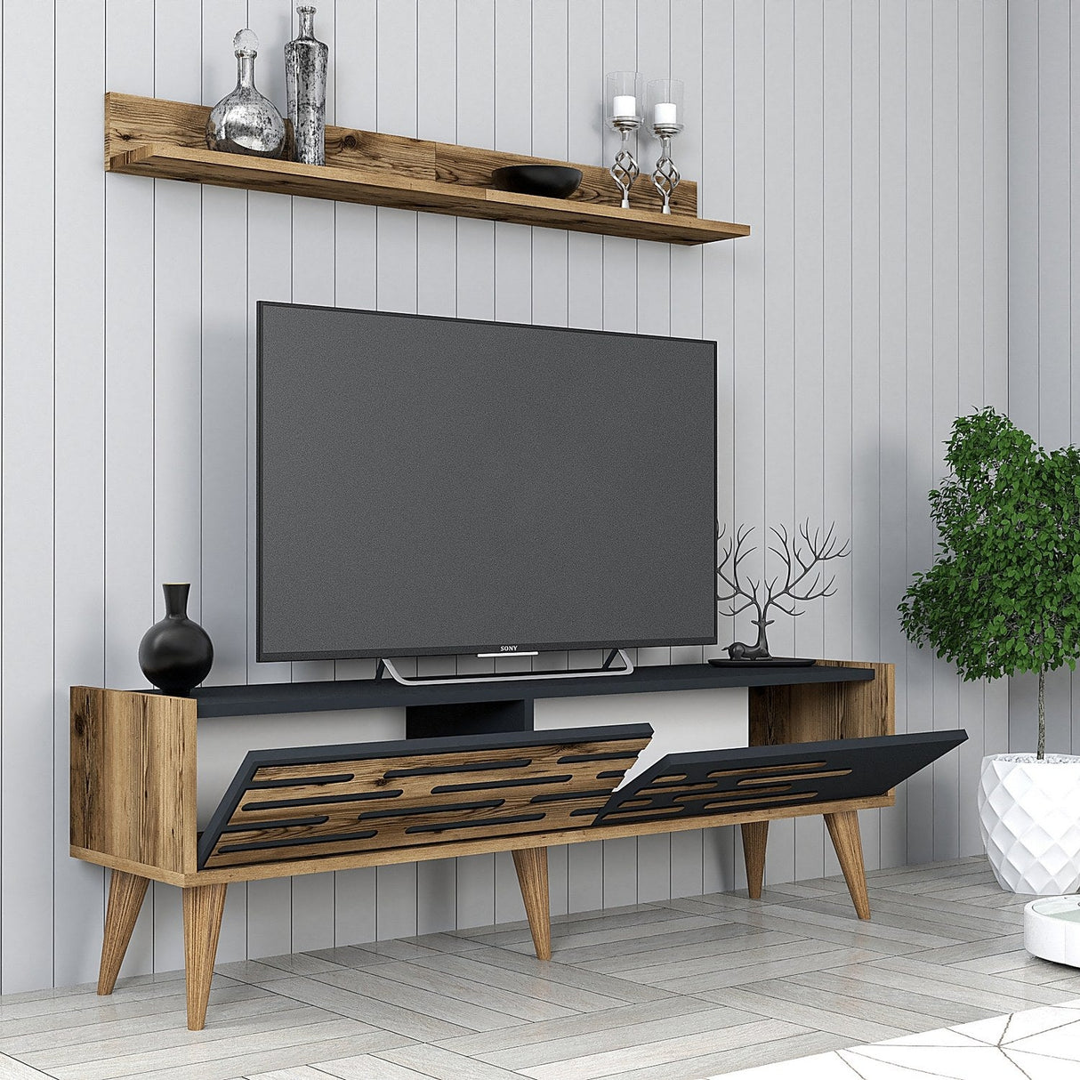 Comodă TV Valensiya 140, Diverse culori, 140x45x35 cm - Nuc - Antracit | SKU: 845HCT5384 | Comodă TV Valensiya 140, 140x45x35 cm, varianta Nuc - Antracit, produs pentru amenajarea locuinței, disponibil online în România la CasaMob