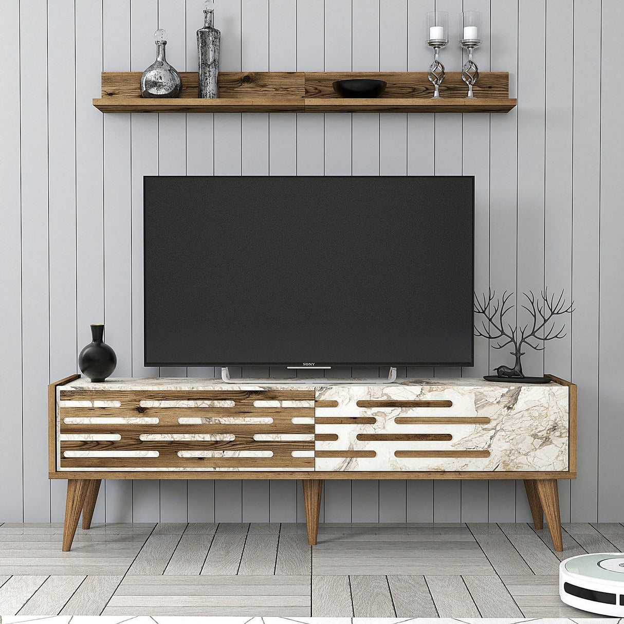 Comodă TV Valensiya 140, Diverse culori, 140x45x35 cm - Nuc - Alb - Marble | SKU: 845HCT5386 | Comodă TV Valensiya 140, 140x45x35 cm, varianta Nuc - Alb - Marble, produs pentru amenajarea locuinței, disponibil online în România la CasaMob