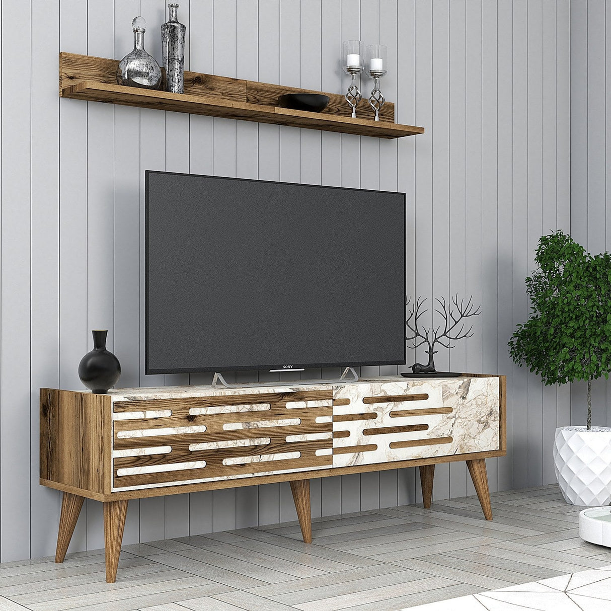 Comodă TV Valensiya 140, Diverse culori, 140x45x35 cm - Nuc - Alb - Marble | SKU: 845HCT5386 | Comodă TV Valensiya 140, 140x45x35 cm, varianta Nuc - Alb - Marble, produs pentru amenajarea locuinței, disponibil online în România la CasaMob