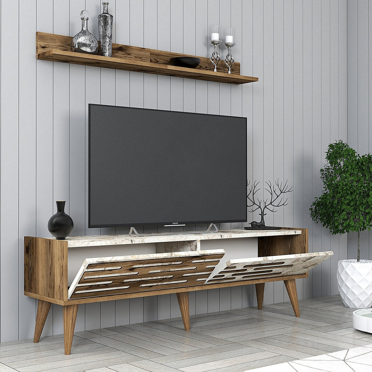 Comodă TV Valensiya 140, Diverse culori, 140x45x35 cm - Nuc - Alb - Marble | SKU: 845HCT5386 | Comodă TV Valensiya 140, 140x45x35 cm, varianta Nuc - Alb - Marble, produs pentru amenajarea locuinței, disponibil online în România la CasaMob