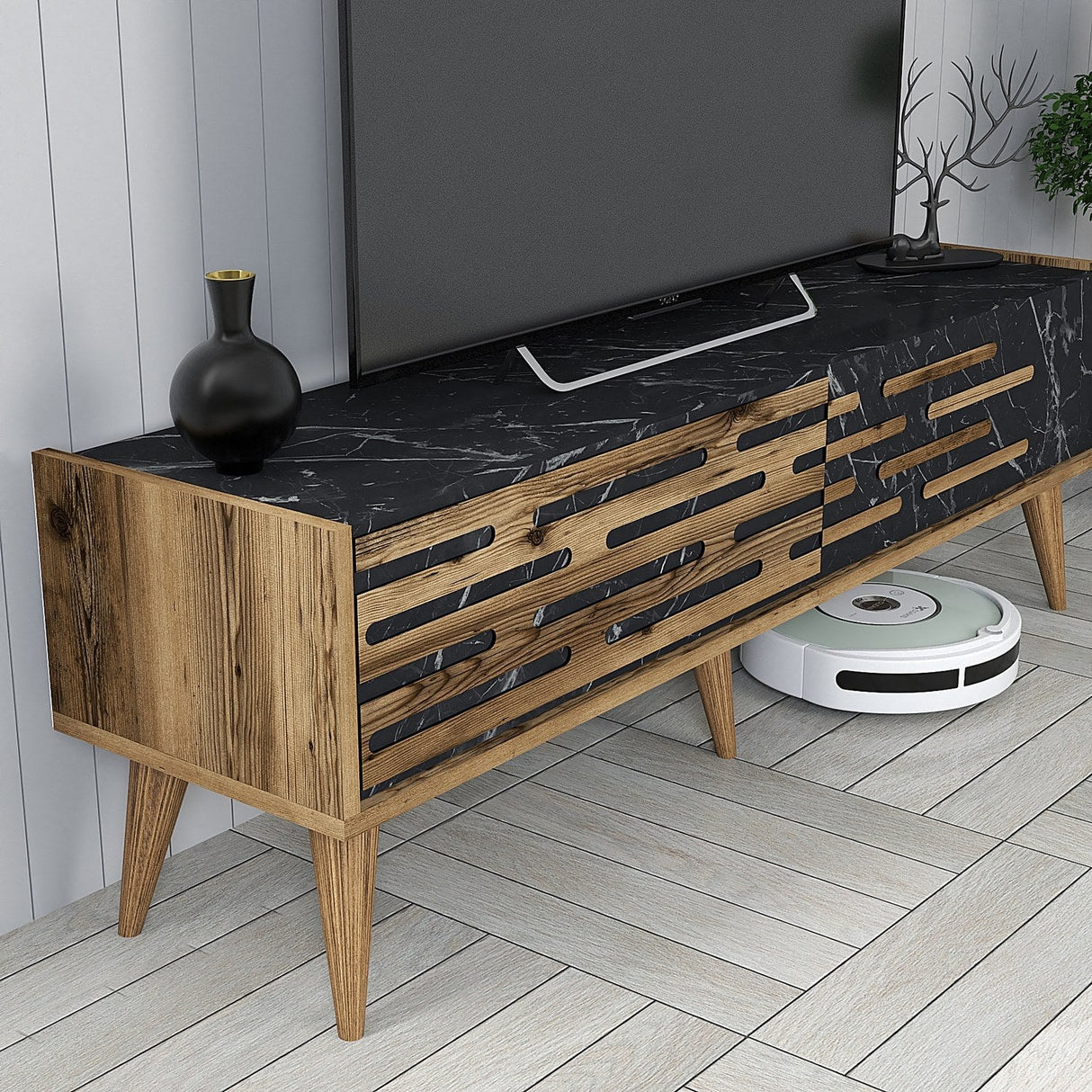 Comodă TV Valensiya 140, Diverse culori, 140x45x35 cm - Nuc - Negru - Marble | SKU: 845HCT5389 | Comodă TV Valensiya 140, 140x45x35 cm, varianta Nuc - Negru - Marble, produs pentru amenajarea locuinței, disponibil online în România la CasaMob
