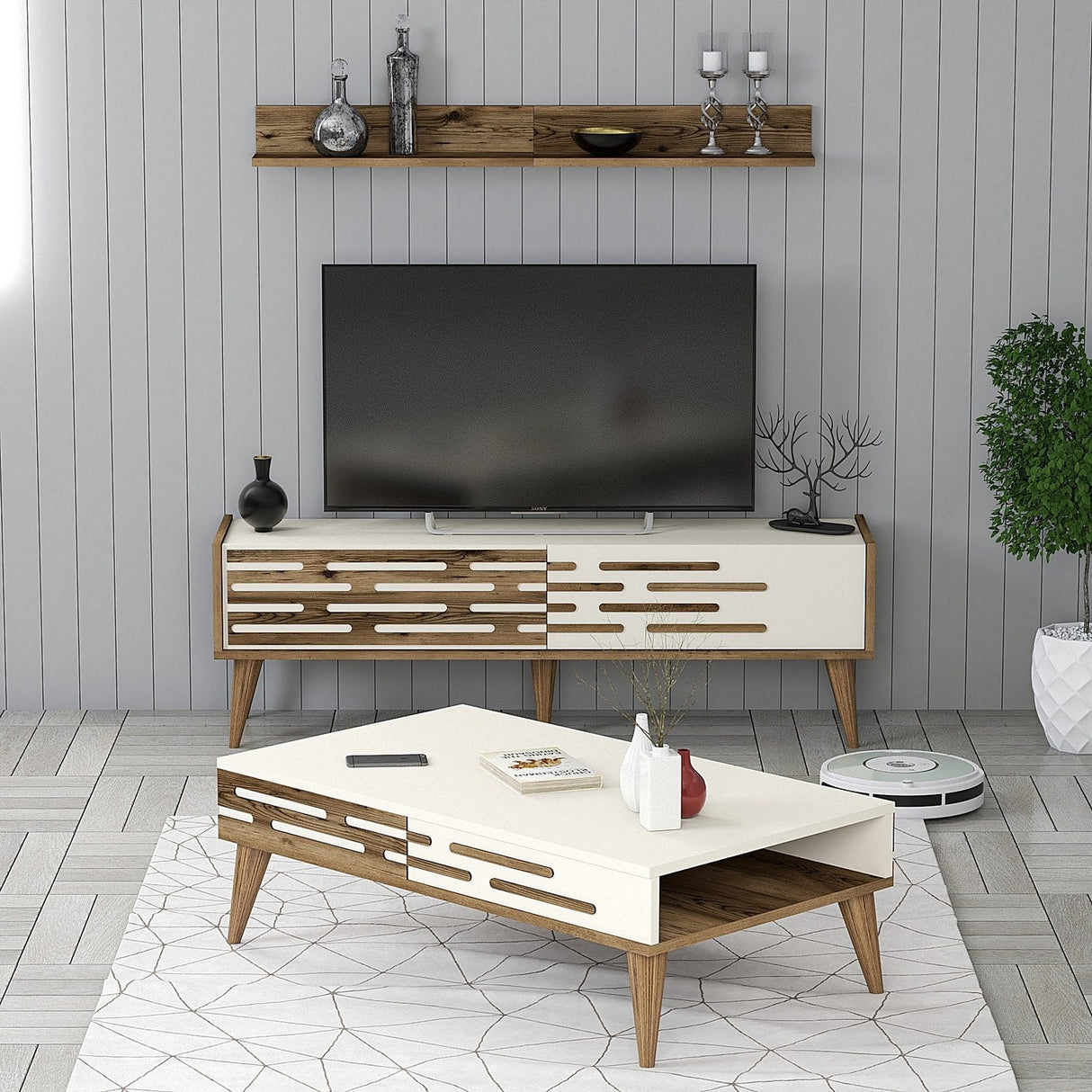 Set mobilă pentru sufragerie Valensiya 140, Diverse culori, 140x45x35 cm - Nuc - Crem | SKU: 845HCT5395 | Set mobilă pentru sufragerie Valensiya 140, 140x45x35 cm, varianta Nuc - Crem, produs pentru amenajarea locuinței, disponibil online în România la CasaMob