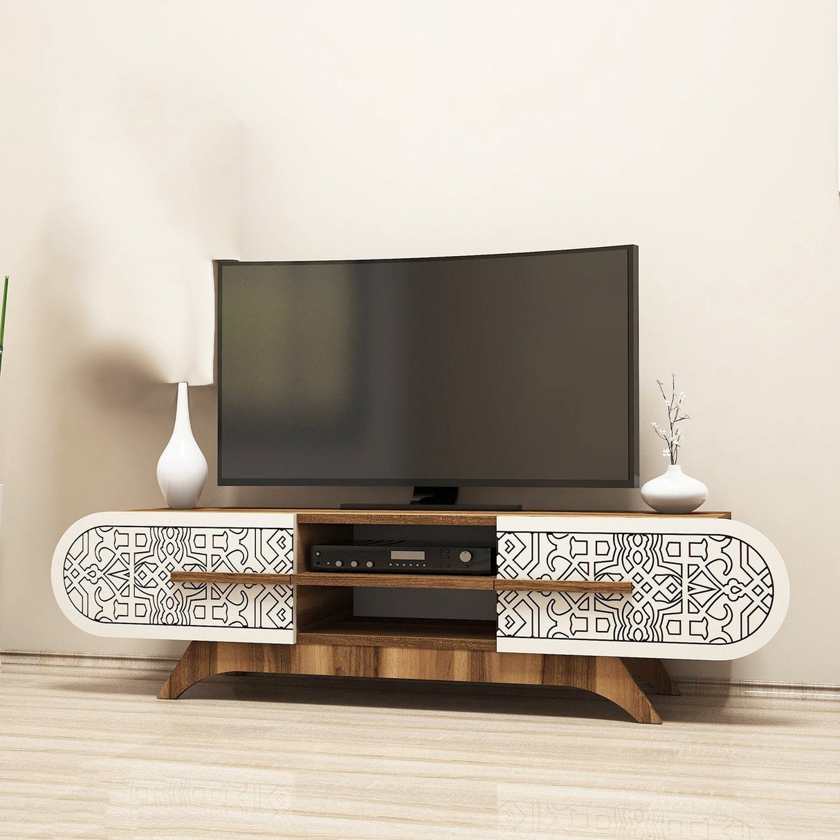 Comodă TV Defne, Diverse culori, Diverse dimensiuni - Nuc - Crem - 145x37x37 cm | SKU: 845HCT5505 | Comodă TV Defne, varianta Nuc - Crem - 145x37x37 cm, produs pentru amenajarea locuinței, disponibil online în România la CasaMob