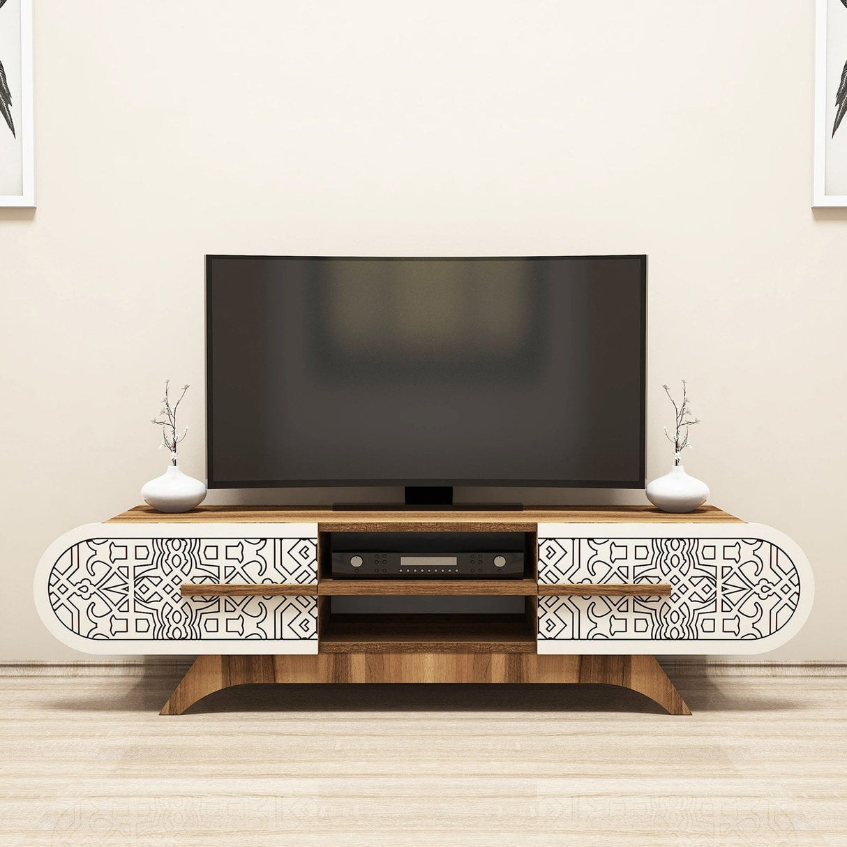 Comodă TV Defne, Diverse culori, Diverse dimensiuni - Nuc - Crem - 145x37x37 cm | SKU: 845HCT5505 | Comodă TV Defne, varianta Nuc - Crem - 145x37x37 cm, produs pentru amenajarea locuinței, disponibil online în România la CasaMob