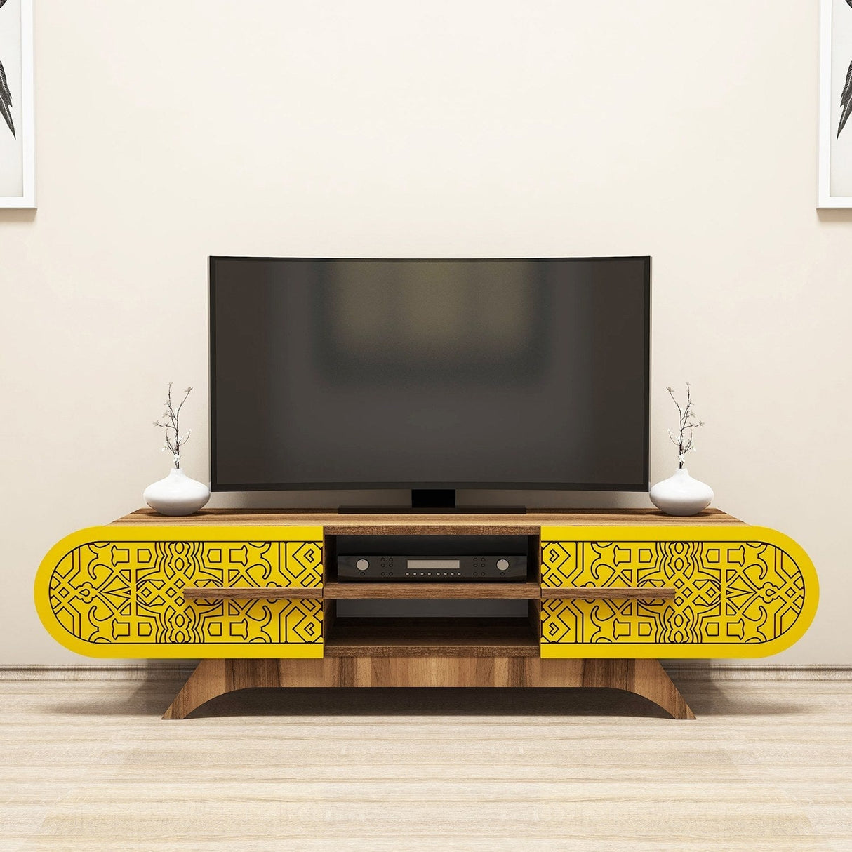 Comodă TV Defne, Diverse culori, Diverse dimensiuni - Nuc - Galben - 145x37x37 cm | SKU: 845HCT5506 | Comodă TV Defne, varianta Nuc - Galben - 145x37x37 cm, produs pentru amenajarea locuinței, disponibil online în România la CasaMob