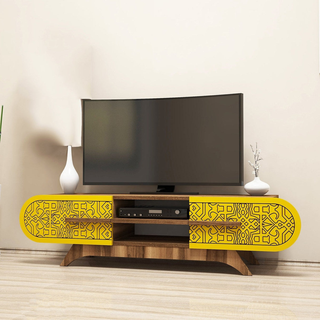 Comodă TV Defne, Diverse culori, Diverse dimensiuni - Nuc - Galben - 145x37x37 cm | SKU: 845HCT5506 | Comodă TV Defne, varianta Nuc - Galben - 145x37x37 cm, produs pentru amenajarea locuinței, disponibil online în România la CasaMob