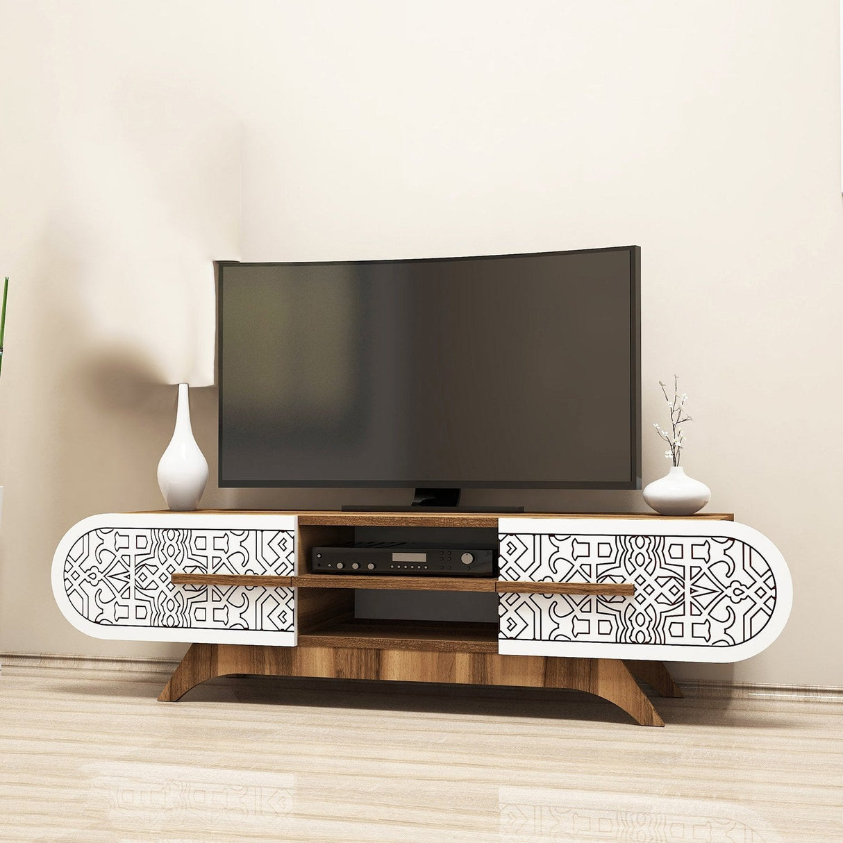 Comodă TV Defne, Diverse culori, Diverse dimensiuni - Nuc - Alb - 145x37x37 cm | SKU: 845HCT5504 | Comodă TV Defne, varianta Nuc - Alb - 145x37x37 cm, produs pentru amenajarea locuinței, disponibil online în România la CasaMob