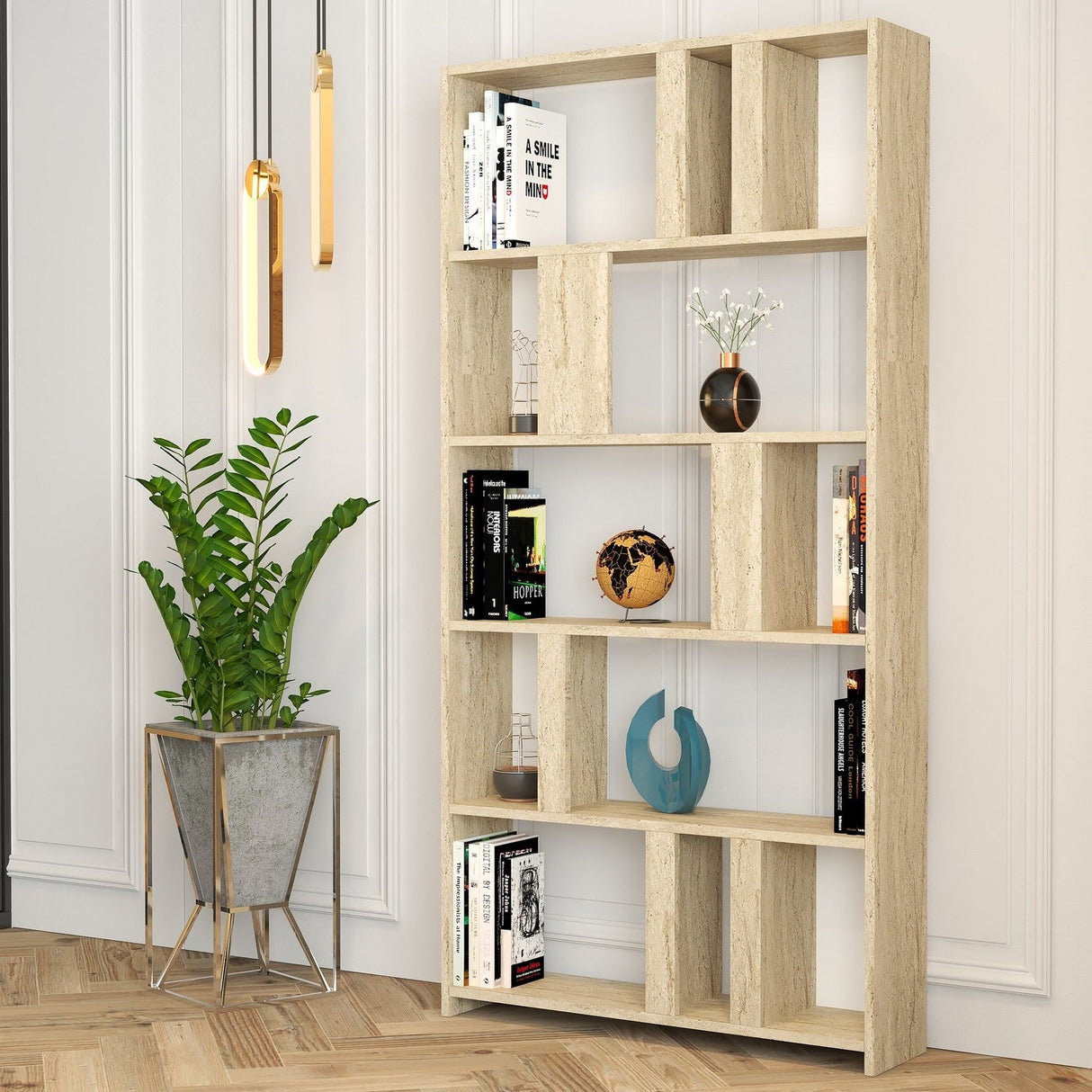 Bibliotecă Lima, Diverse culori, 90x20x180 cm - Travertin | SKU: 845HCT5604 | Bibliotecă Lima, 90x20x180 cm, varianta Travertin, produs pentru amenajarea locuinței, disponibil online în România la CasaMob