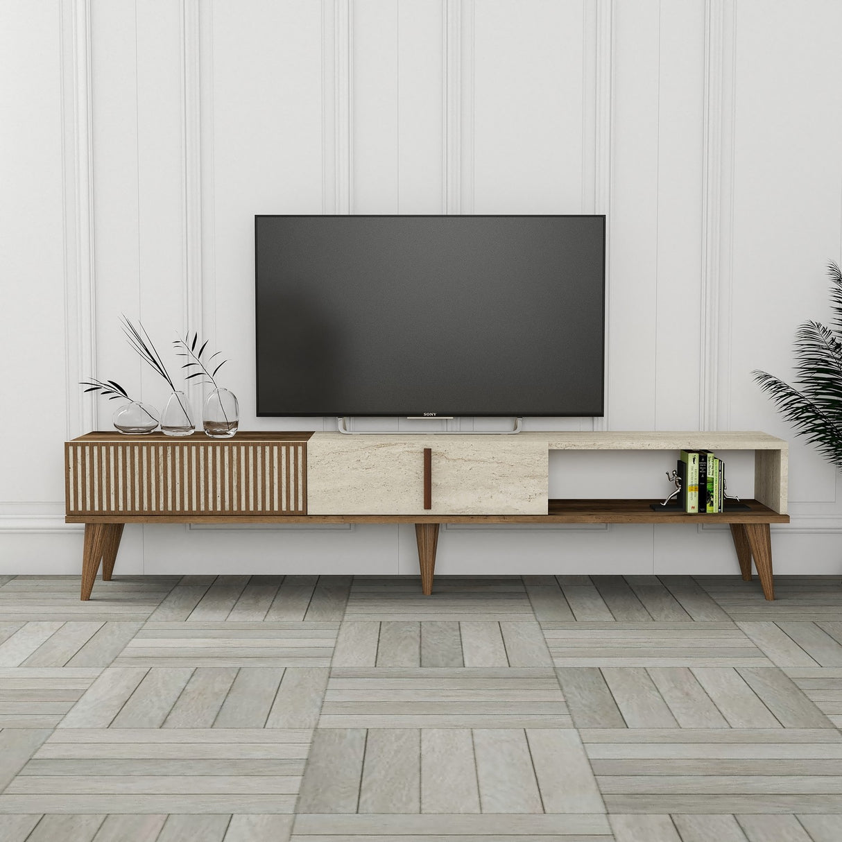 Comodă TV Milan, Nuc - Travertin, 180x35x40 cm