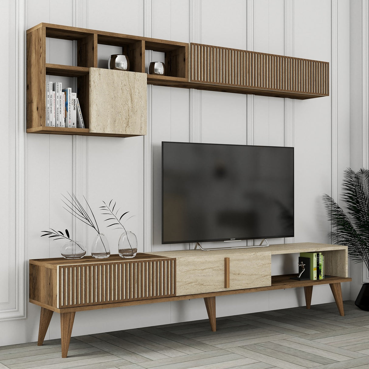 Comodă TV Milan, Nuc - Travertin, 180x35x40 cm
