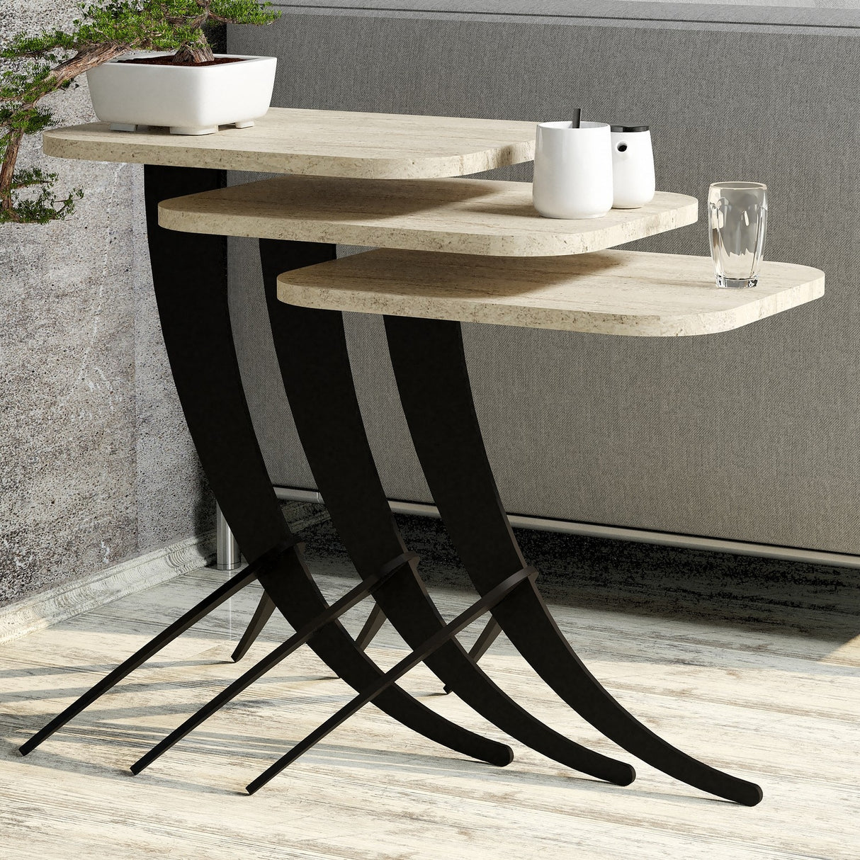 Set 3 măsuțe de cafea Pion 3, Travertin, 35x45x49 cm