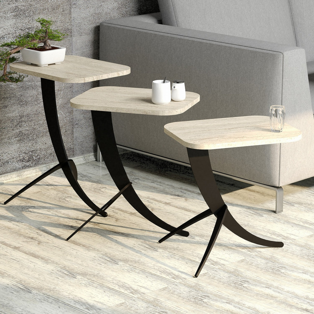Set 3 măsuțe de cafea Pion 3, Travertin, 35x45x49 cm